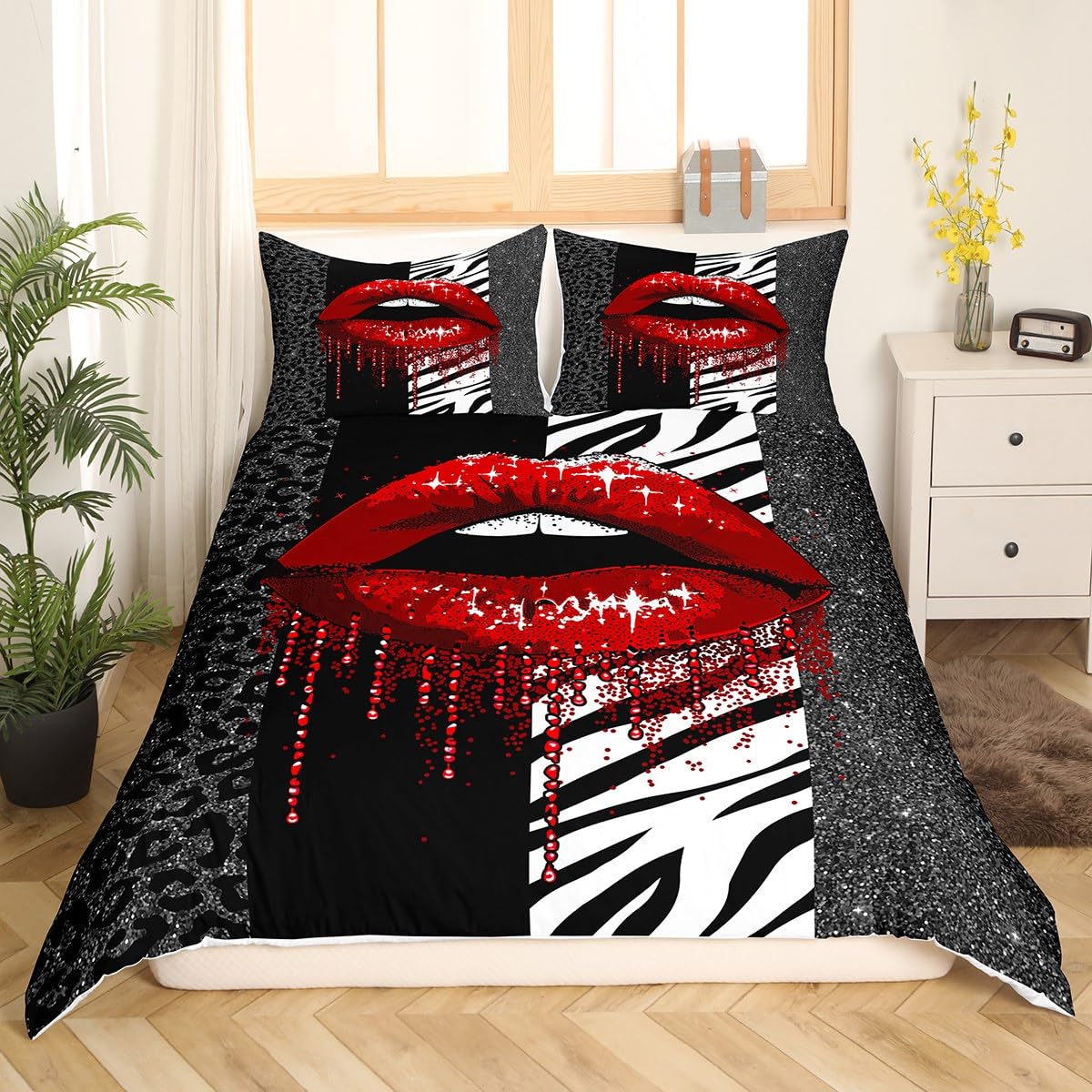 Manfei Red Lips Duvet Cover Set Double Size, Black Zebra Leopard Skin Glitter Comforter Cover with 2 Pillowcases - Image 3