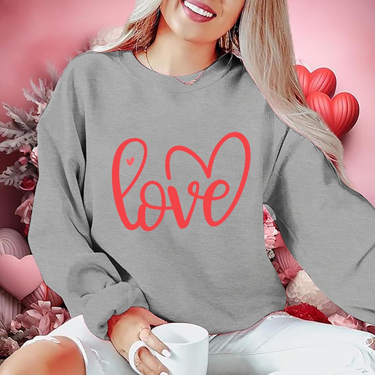 Women Valentines Sweatshirt Love Heart Graphic Print Shirts Valentine’s Day Shirt Vintage Pullover Tops - Image 3