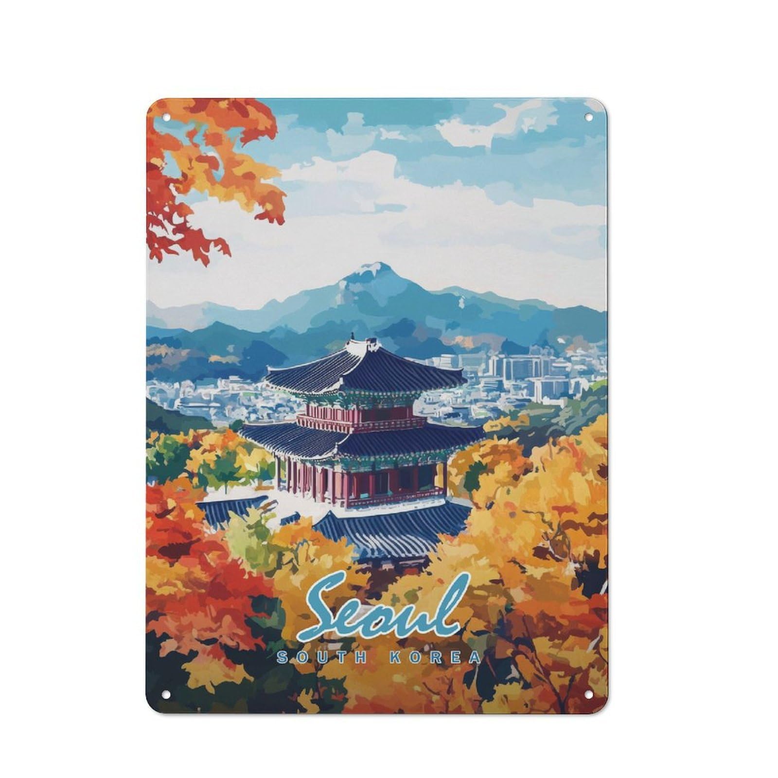 Junmoney Style-6 For Guest Room Or Hallway, Seoul Cityscape With Pagoda Retro Metal Wall Sign 40X30cm, For Vintage Wall Decor Fans, For Metal Sign Collectors
