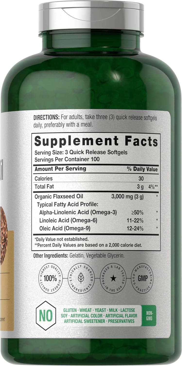 Horbäach Flaxseed Oil Softgel Capsules 3000mg | 300 Count | High Potency | with Omega 3 6 9 | Non-GMO, Gluten Free | Cold Pressed Flax Seed
