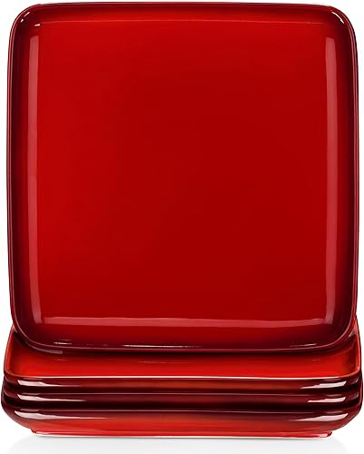 LOVECASA Juego de 4 platos llanos rojos, platos cuadrados para ensalada de postre, platos de gres de 10 pulgadas, aptos para lavavajillas, horno y