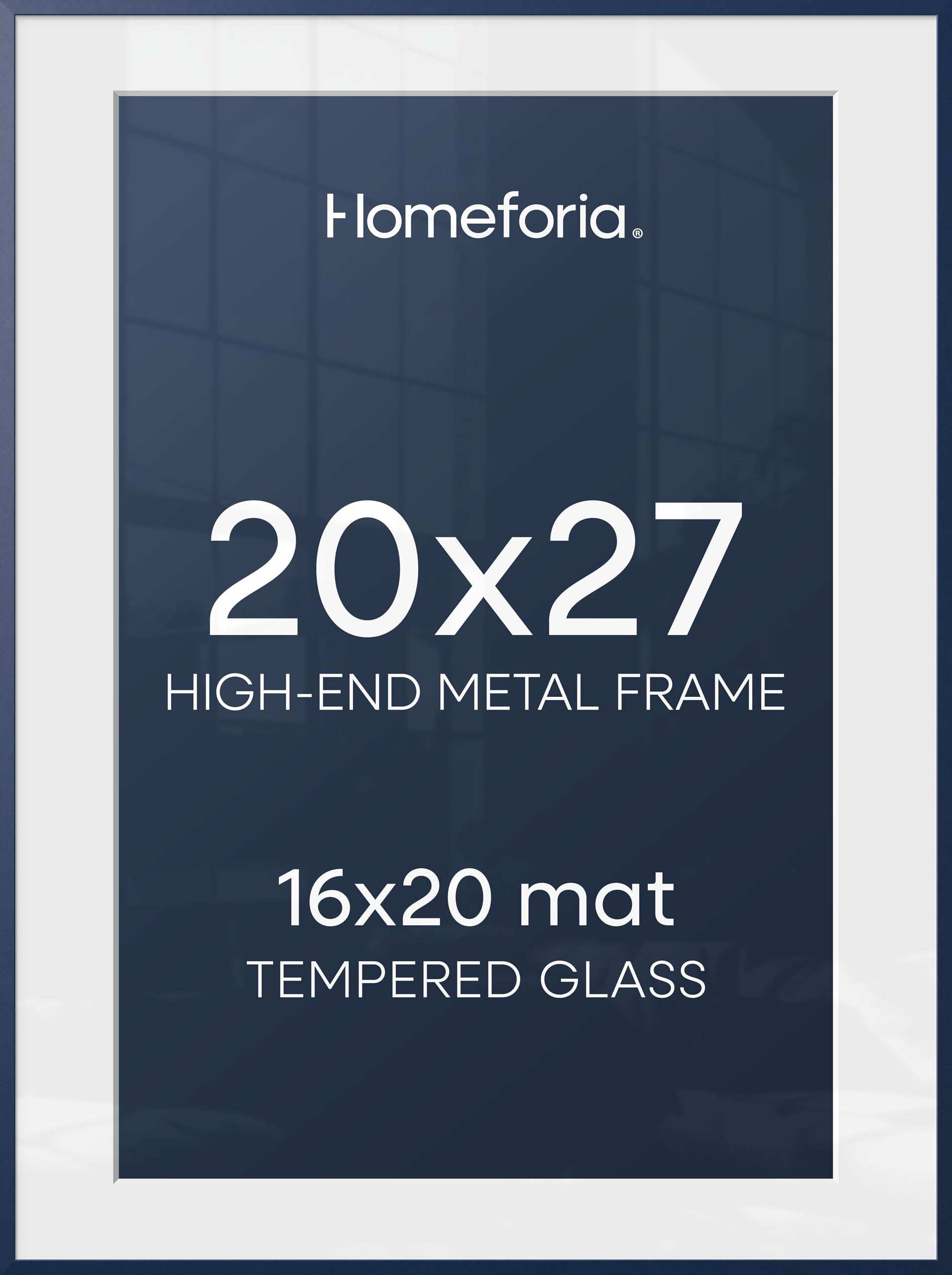 Homeforia 20x27 Picture Frame Navy Blue, High End Metal 20x27 Poster Frames with Mat 16x24 Photo, 20 x 27 Navy Blue Frame Matted to 16 by 24 Print, 27x20 Thin Frame, Tempered Glass, Wall Kit, Set of 1