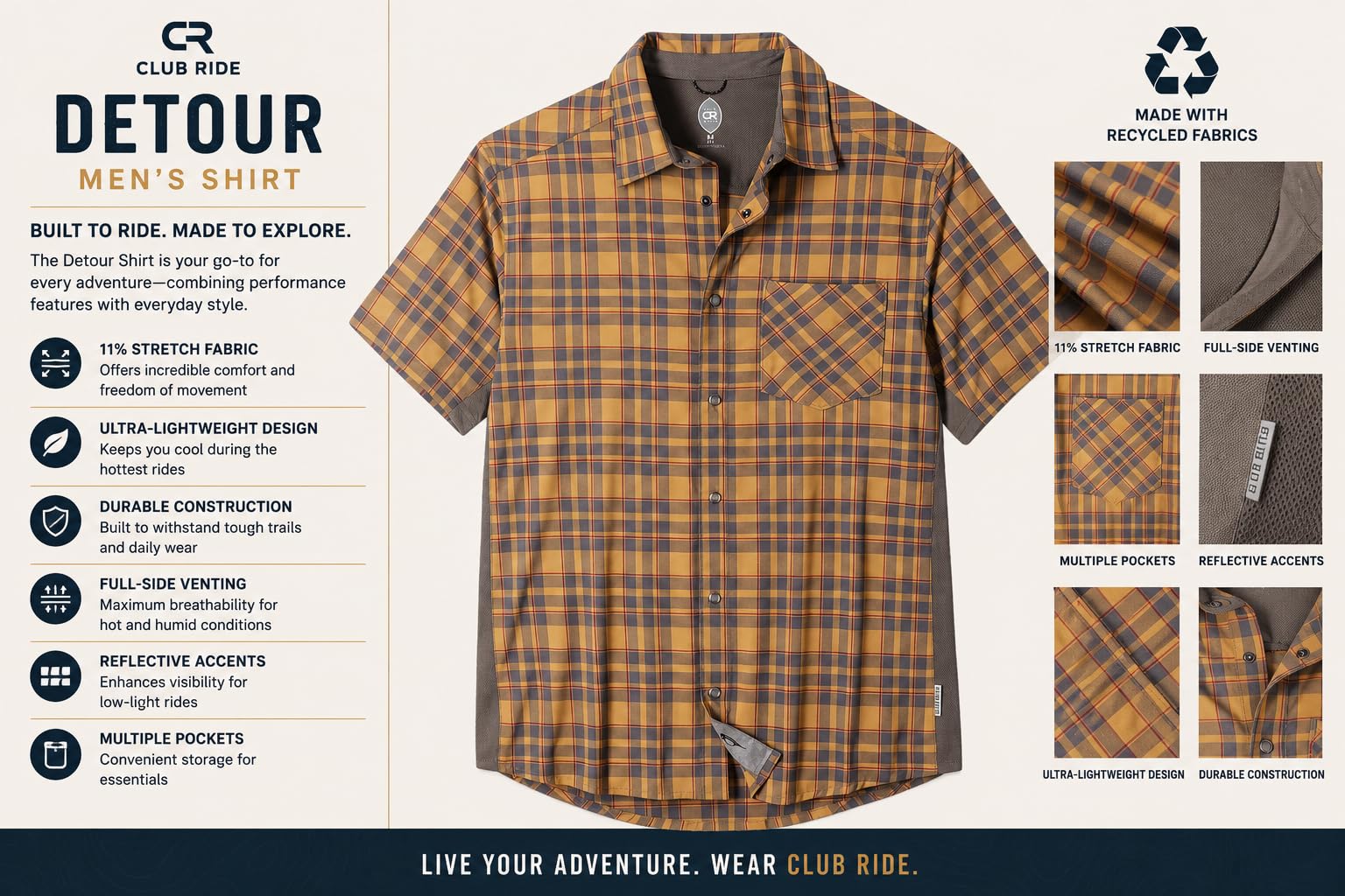 Club Ride Herren Casual Hemd mit Button-Down-Kragen