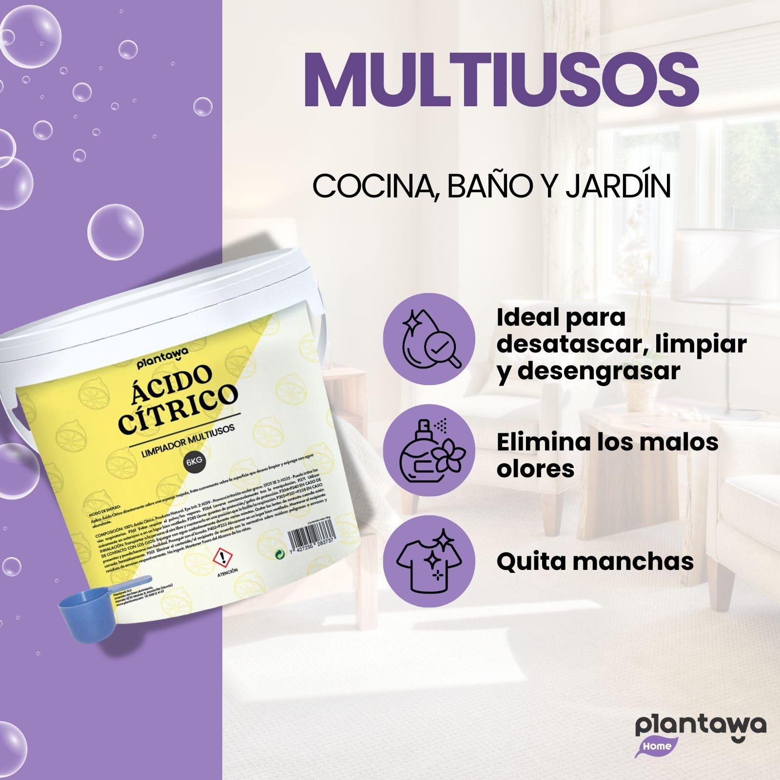 PLANTAWA Ácido Cítrico en Polvo 6kg | Acido Citrico para Limpieza de Cal y Residuos | Alta Solubilidad | Ideal para Cocina, Lavadoras y Grifos | Gran Formato Multiusos