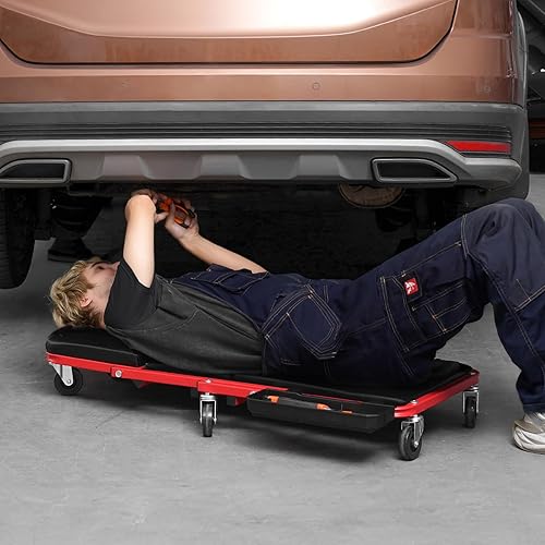 Miniatura 8 de VEVOR - Camilla plegable en Z para cochera, 36 pulgadas, capacidad de carga de 300 libras, taburete mecánico con 6 ruedas, bandeja de herramientas,