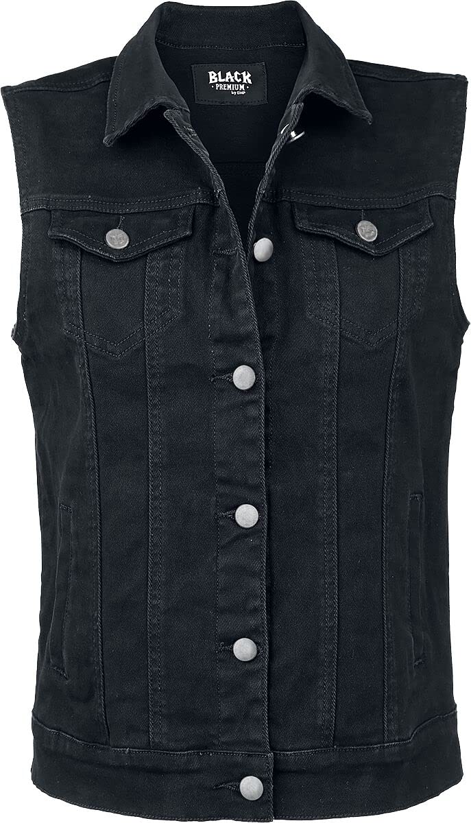 Black Premium by EMP Donna Gilet di jeans nero senza maniche con colletto della camicia