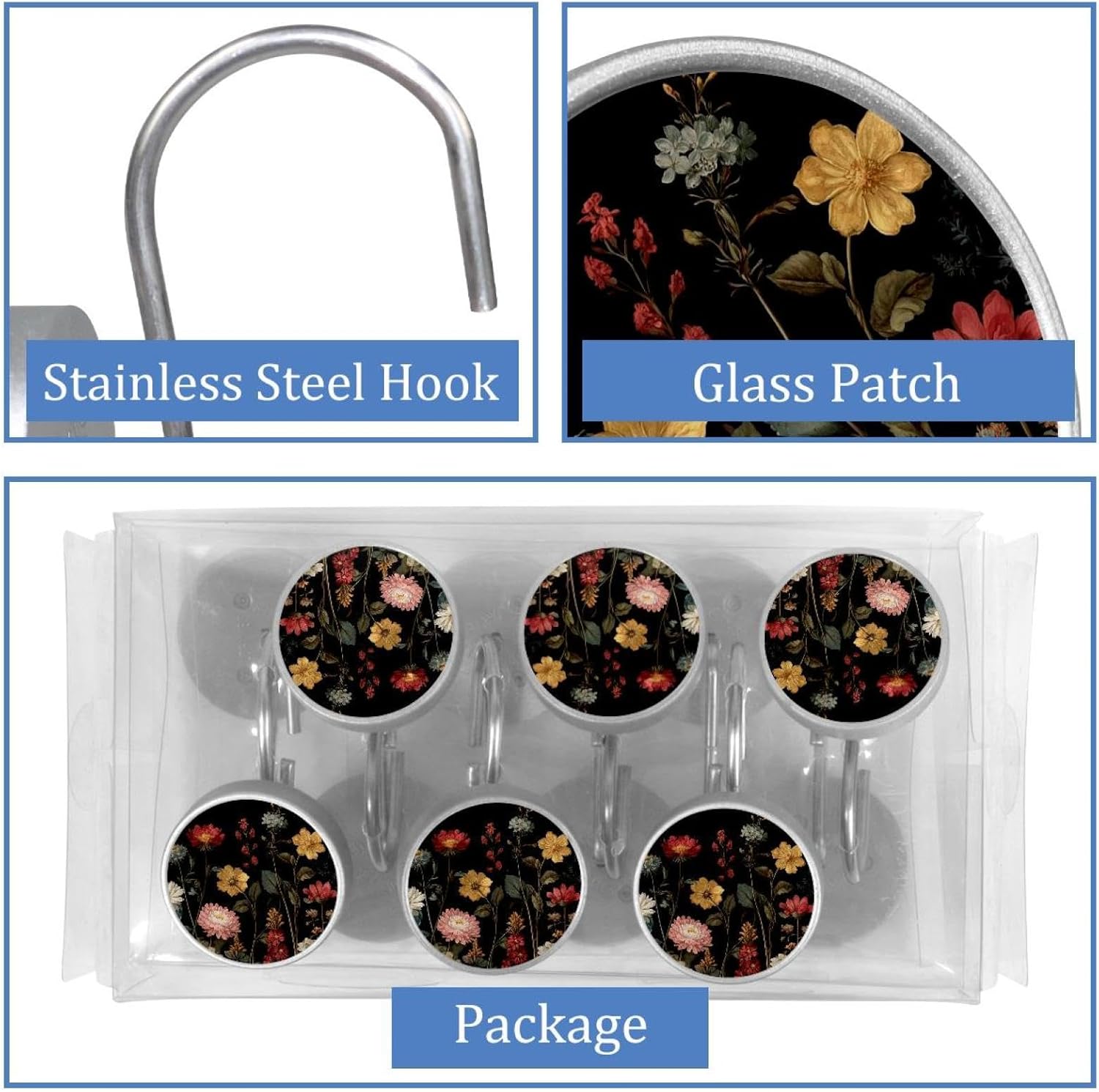 12 Pcs Round Shower Curtain Hooks Stainless Steel Decorative Hanger Rings for Bathroom Kitchen Bedroom Curtain Rods, Vintage Plants Flower (2)