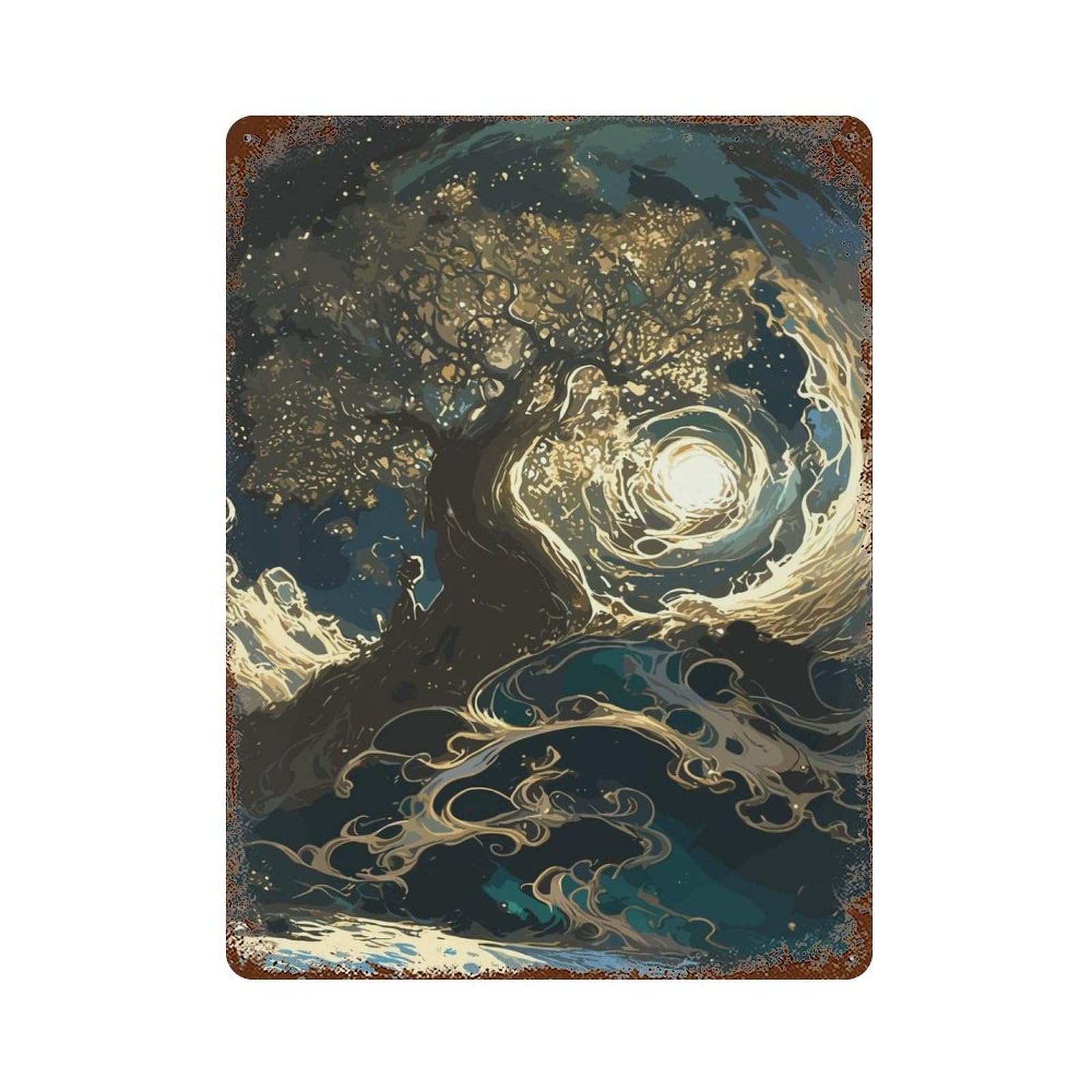 Tree Fantasy Weathered Tin Sign 15.7"x11.8", Classic Wall Plaque for Garage, Bar And Workshop Decor