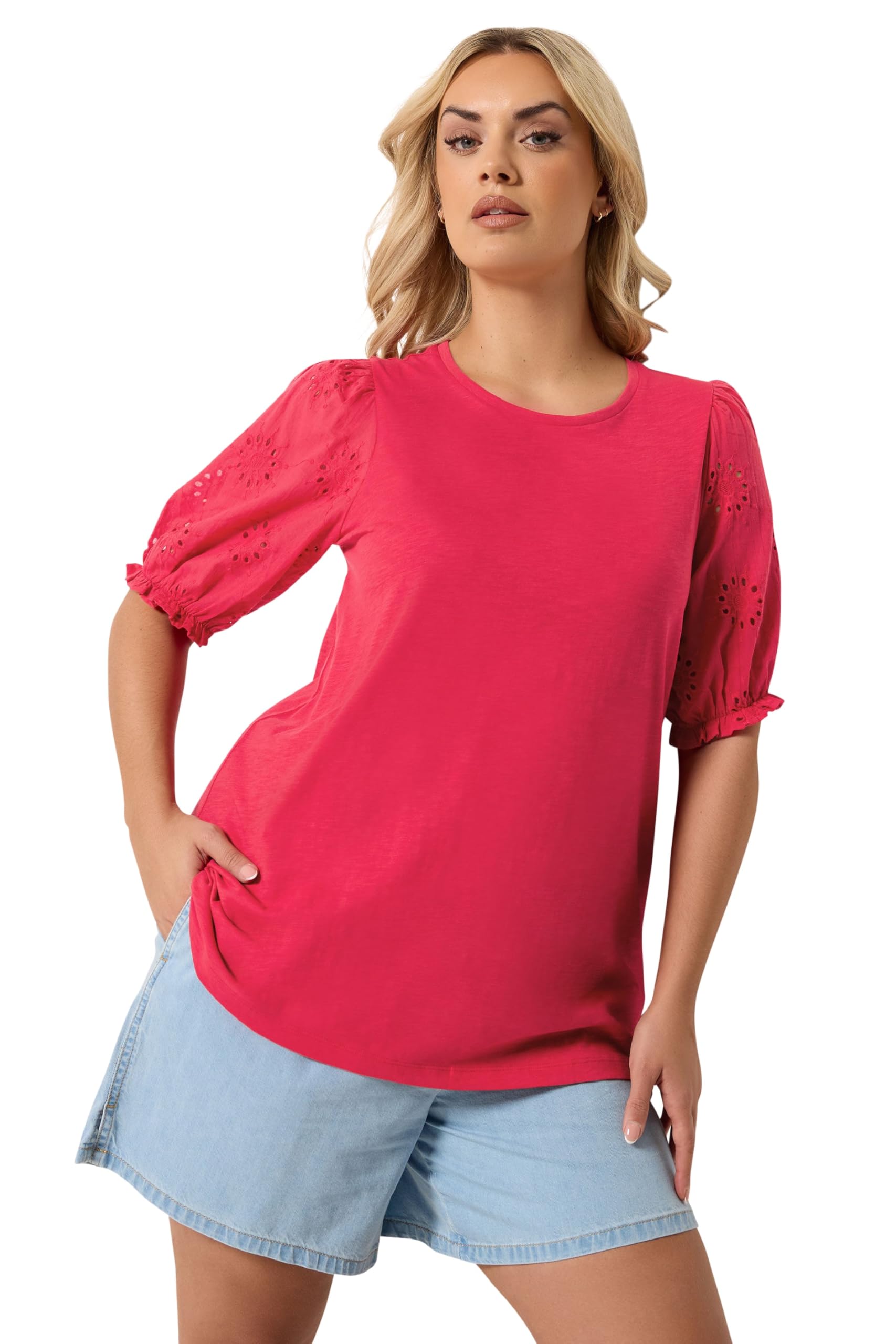 Yours Curve Broiderie Anglaise T-Shirt - Women's - Plus Size Curve Red