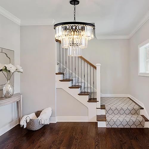 Miniatura 2 de HCCZ Candelabro moderno de cristal de 8 luces, 20 pulgadas, color negro, para comedor, lámpara colgante contemporánea, redonda de 3 niveles, altura