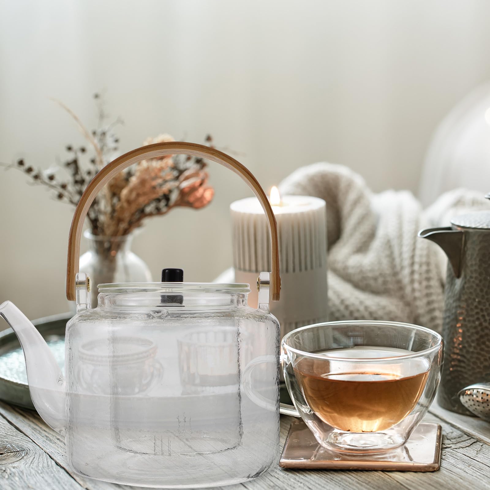 1 Satz Glas Teekanne 1000ml mit Holzgriff für Grüntee | Kunststoff und Glaselemente, Leichtes Design, Anti Scalding Handle, für Kräutertee Geeignet