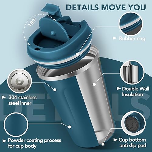 Miniatura 4 de Volhoply Taza de café de viaje de doble pared aislada al vacío de 12 onzas con tapa abatible, paquete de 8 unidades, taza de café reutilizable de