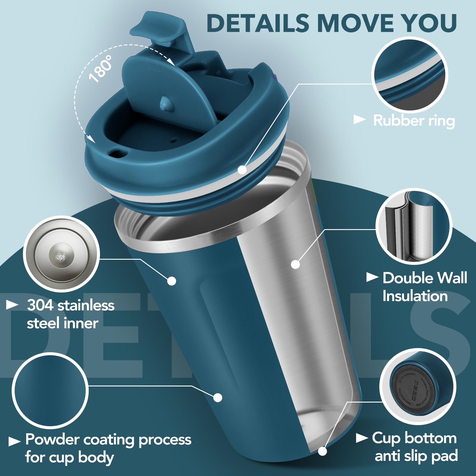 Volhoply 340ml 12oz Double Wall Insulated Vacuum Travel Coffee Mugs with Flip Lid Bulk 2 Pack,Reusable Stainless Steel Leak Proof Coffee Cup,Cafe Thermal Tumbler for Hot & Cold Drinks(Bule,2 Set) - Image 4