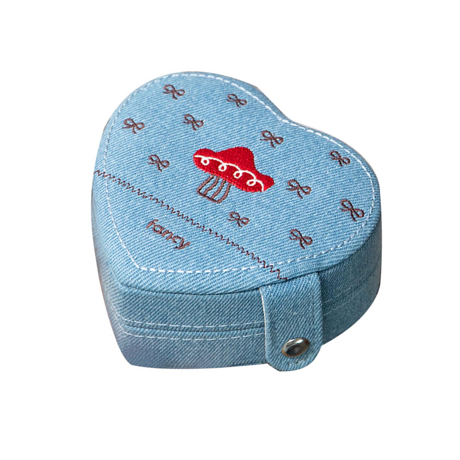 carotoe Sturdy Denims Jewelry Storage Organizers Heart Shape Case Multi Compartments Compact for Travel Jewelry Protections Heart Shape Organizers