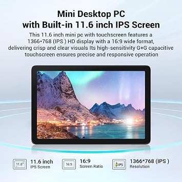 Mini PC Computer Mini Desktop PC Win 11 N5095, Mini-pc with Touchscreen 11.6 Inch, 8GB RAM, 128GB eMMC, Dual 4K Screen Display HDMI2.0 & Type-C3.1, Dual RS232, WiFi5, BT5.0, LAN RJ-45