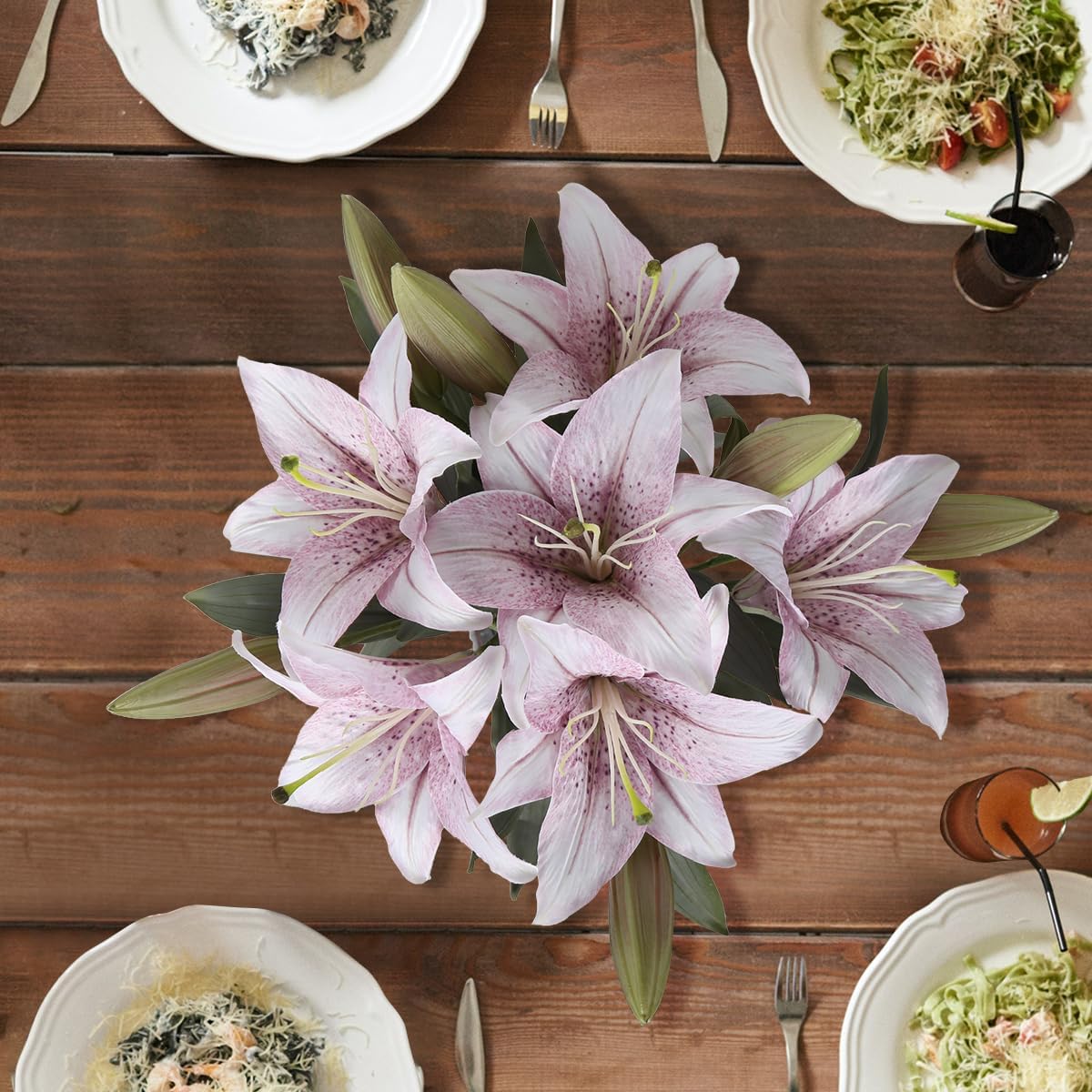 IPOPU Artificial Lily Flowers 5PCS Vintage Lily Silk Flowers for Home Decor Indoor Faux Flowers Fake Lily Fake Flower Floral Arrangement Wedding Party Decor Home Decor (Purple White) - Image 3