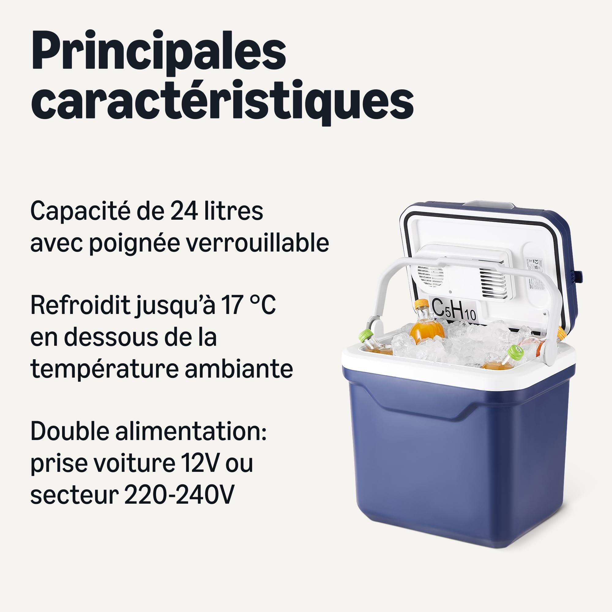 Amazon Basics Glacière Électrique,Réfrigérateur avec Fonction de Refroidissement et de Réchauffement,12 V c.c./230 V c.a.Pour un Usage Domestique ou en Véhicule,24 litres,Bleu