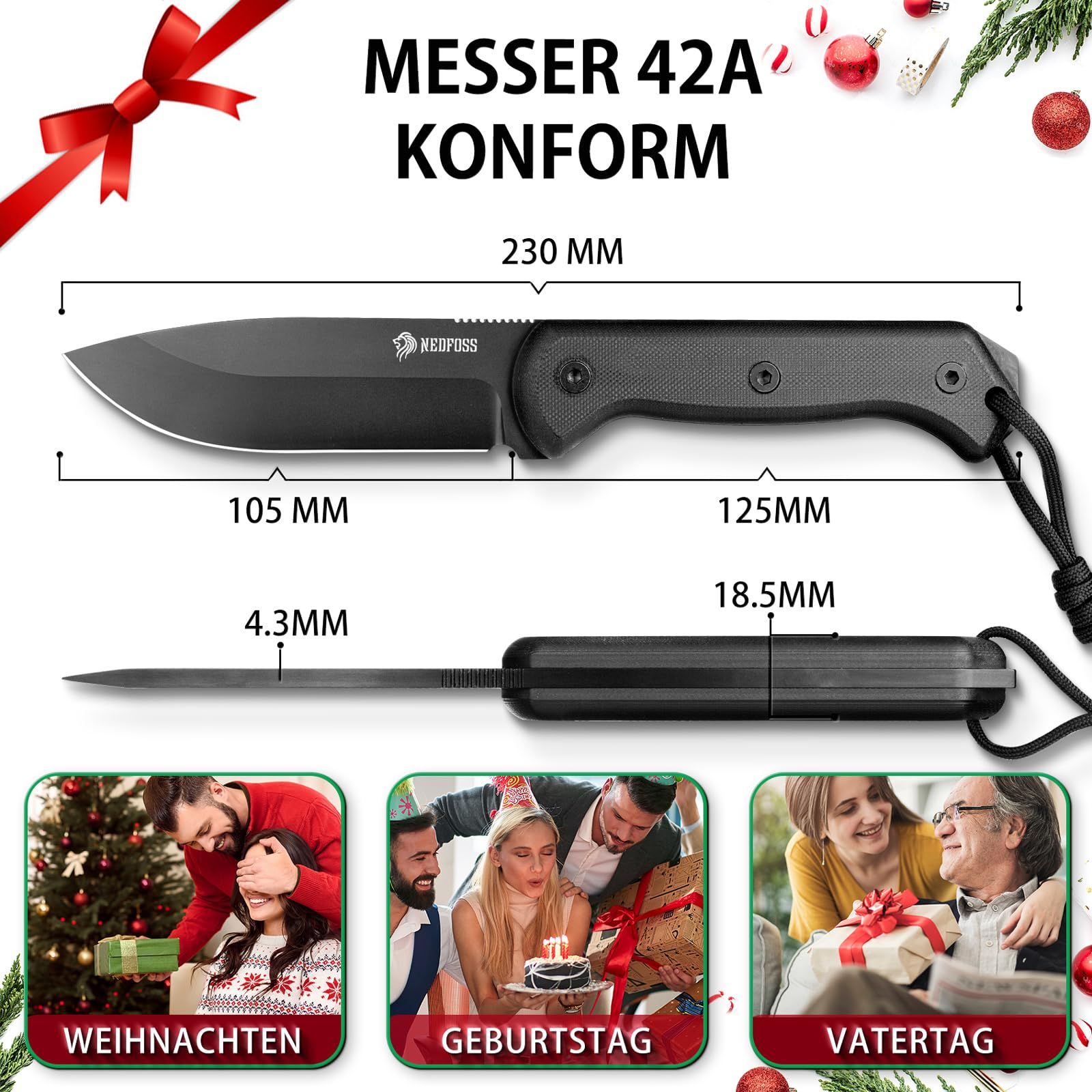 NedFoss SEAL BK nóż outdoorowy o stałej klindze, 10,5 cm, stal D2, nóż survivalowy Full Tang z krzesiwem 10 cm i ostrzałką, nóż Bushcraft z uchwytem G10 i kaburą Kydex, nóż myśliwski, nóż wędkarski