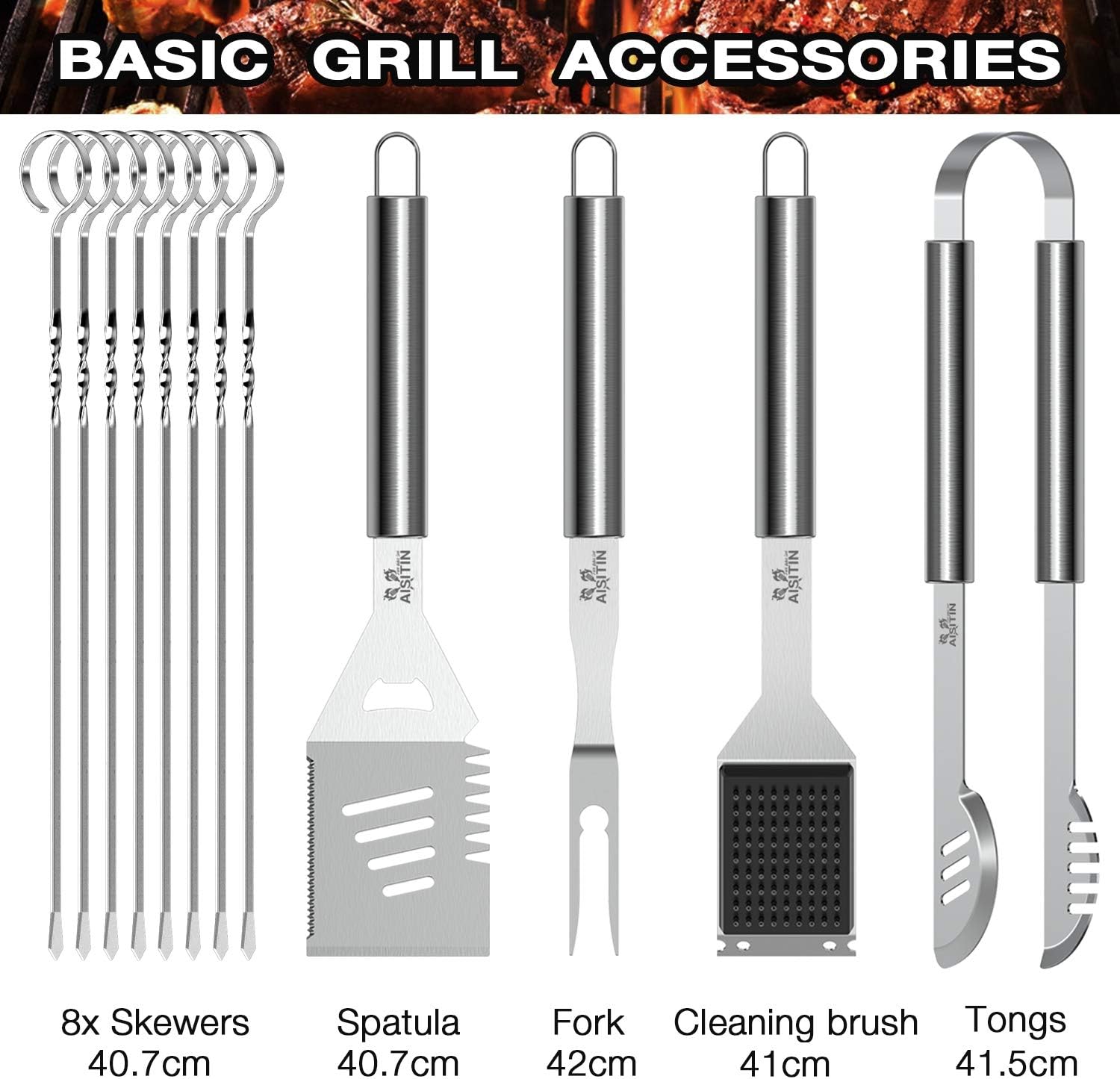 AISITIN 35Pcs BBQ Grill Grilling Accessories Tools Set, 16'' Barbecue Tool Set with Thermometer, Steel Fork, Stainless Steel Tongs and Spatula, Meat Injector, Grill Mat, BBQ Tools for Grill Outdoor : Patio, Lawn & Garden