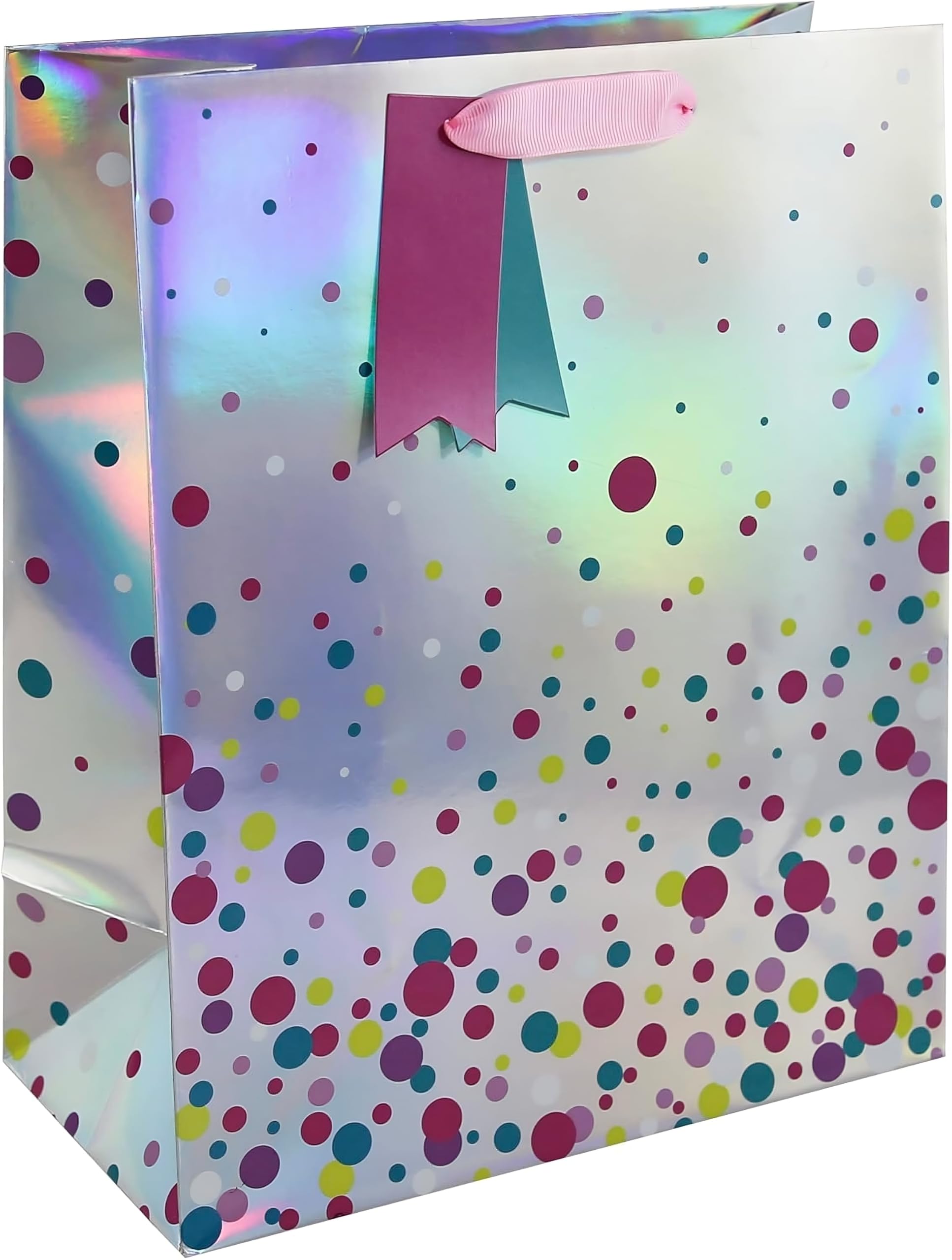 Eurowrap Silver Holographic Polka Dot Bag with Tag – Colourful Spot Design with Ribbon Handle – Reusable Medium Size Paper Packaging for Special Occasions