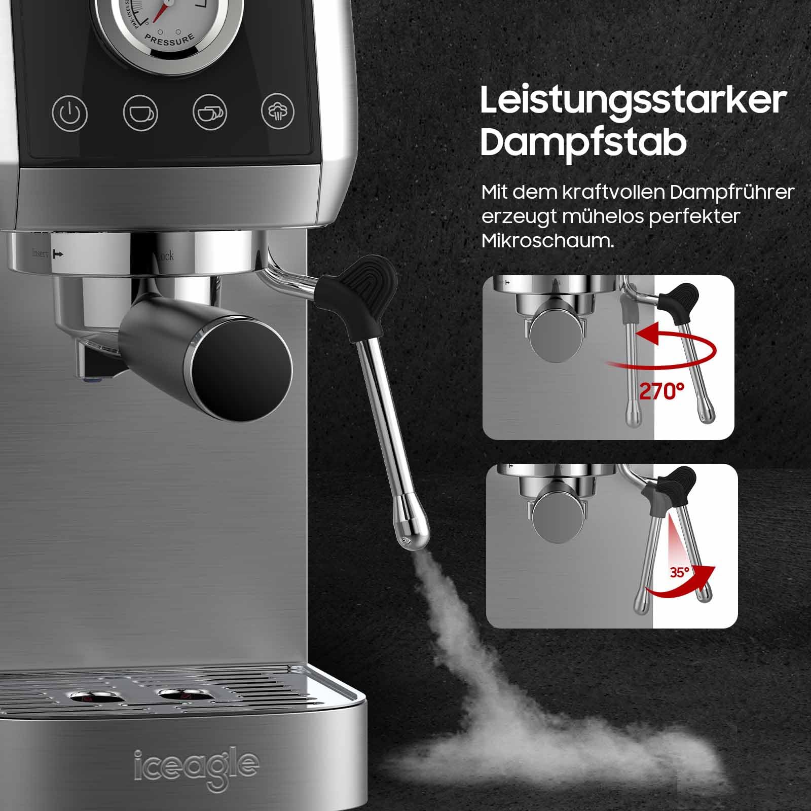 iceagle Espressomaschine CM1665B 20 Bar Italienischer Pumpe Siebträgermaschine Edelstahl Kaffeemaschine Espresso Cappuccino Latte Touchscreen Druckanzeige 1.3L Wassertank
