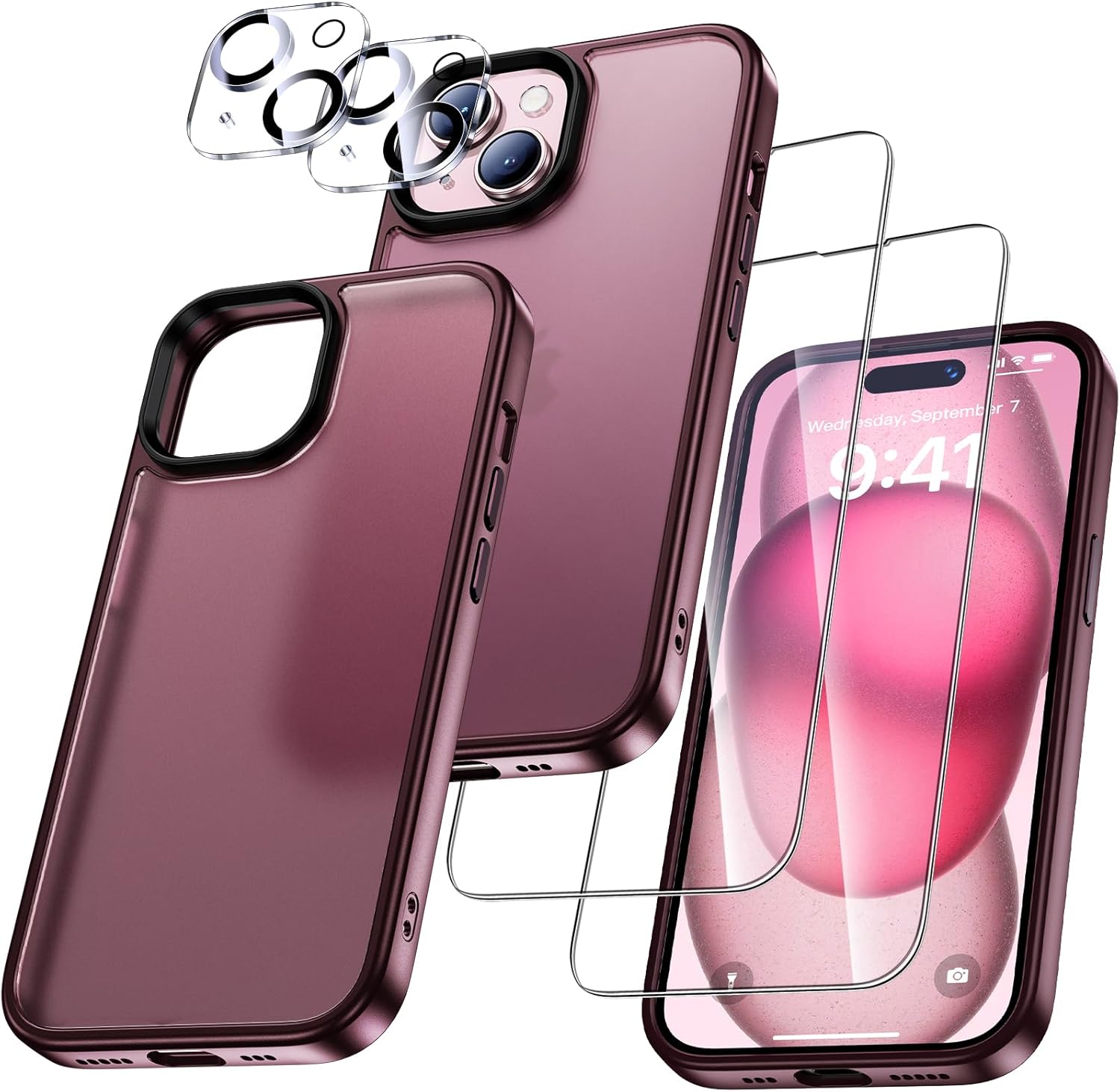 iPhone 15 Hülle, 5-in-1-Set Schutzhülle Rundumschutz - Matt Rot