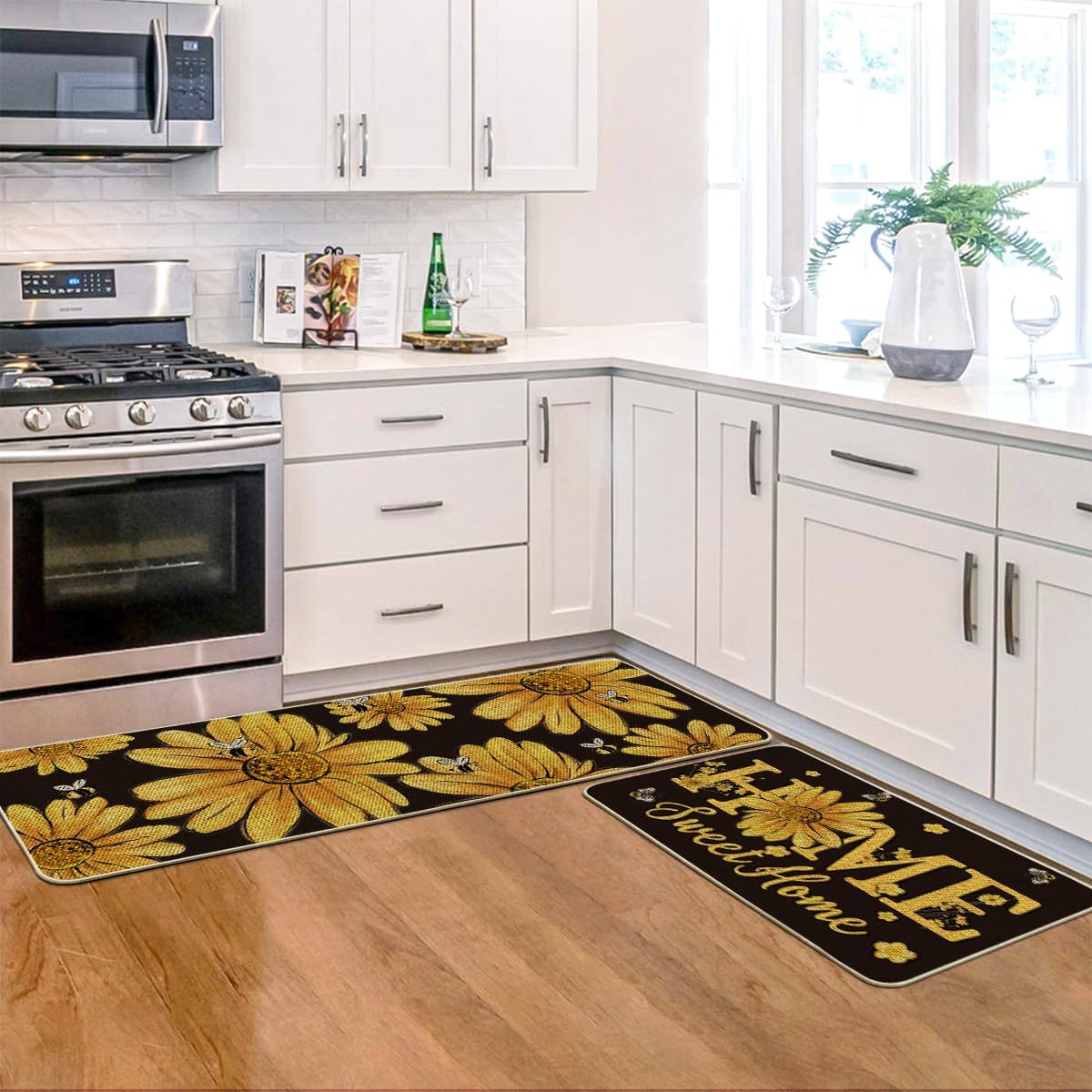 Artoid Mode Black Bee Sunflower Daisy Home Spring Kitchen Mats Set of 2, Summer Home Decor Low-Profile Kitchen Rugs for Floor - 17x29 and 17x47 Inch