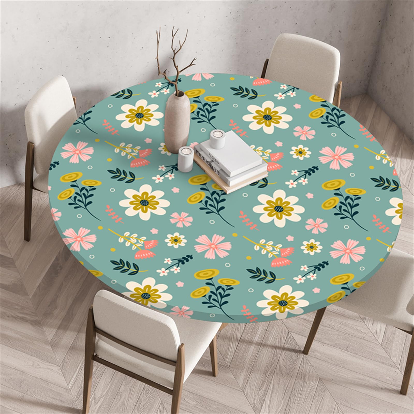 Muiuou Round Tablecloth, Flower Printing Reusable Wipeable Waterproof Oil-Proof Elastic Edged Circle Tablecloth, Fitted Kitchen Restaurant Picnic Home Decoration (Diameter 130cm,Style 6)