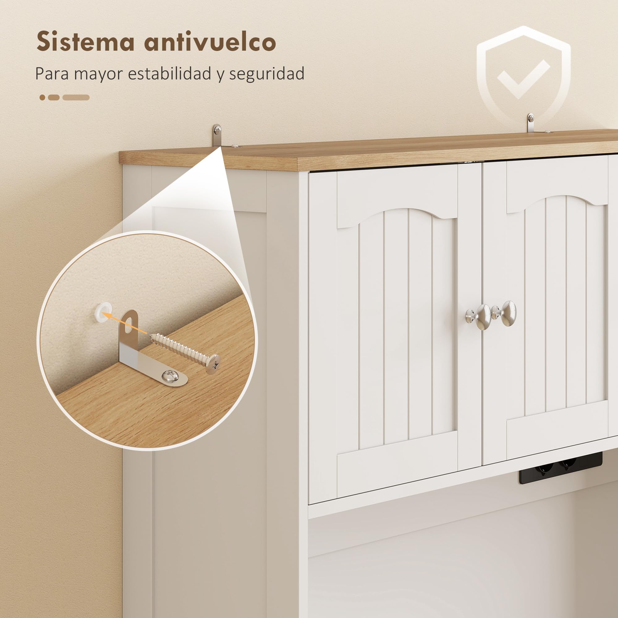 HOMCOM Alacena de Cocina Alta con Estación de Carga 100x40x173 cm Blanco | Mueble Auxiliar de Cocina, 6 Puertas, Cajón, Estantes Ajustables, 4 Estantes para Especias, Encimera Amplio