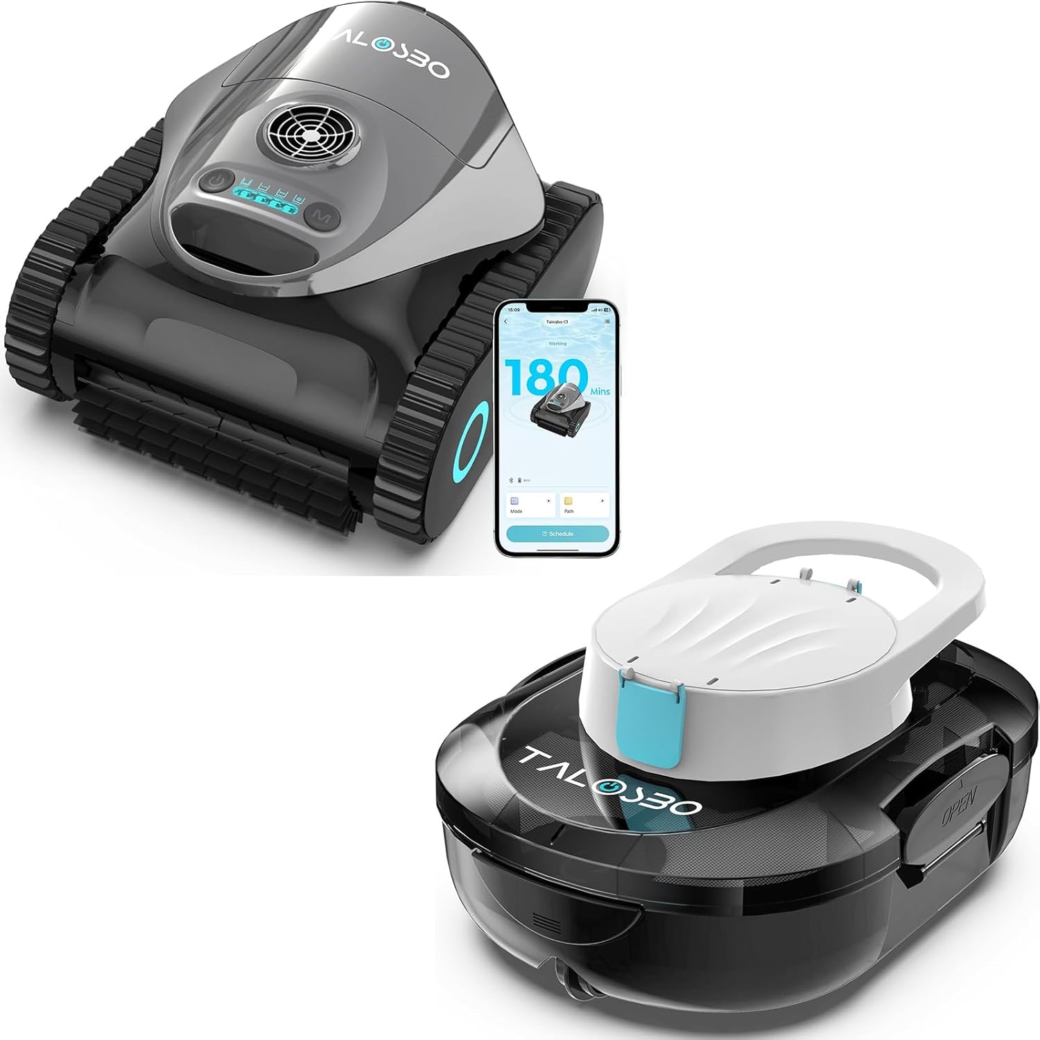 (2026 Upgrade) TALOSBO S1 PRO Robotic Pool Vacuum – Dual-Motor Above-Ground Pool Cleaner, 120 Mins Runtime & TALOSBO C1 Robotic Pool Cleaner, 180 Mins, Ultra-Strong Suction, Wall & Waterline Cleaning