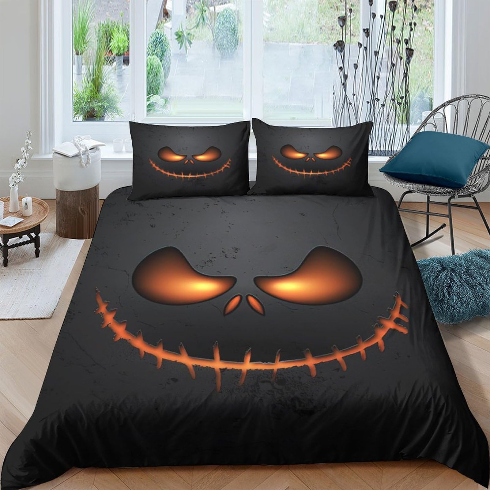 GPLZQXKJNH 3D Printed Halloween Pumpkin Face Duvet Cover Microfiber Black Bedding Set with 2 Pillowcases for Bedroom Decor Single（135x200cm）