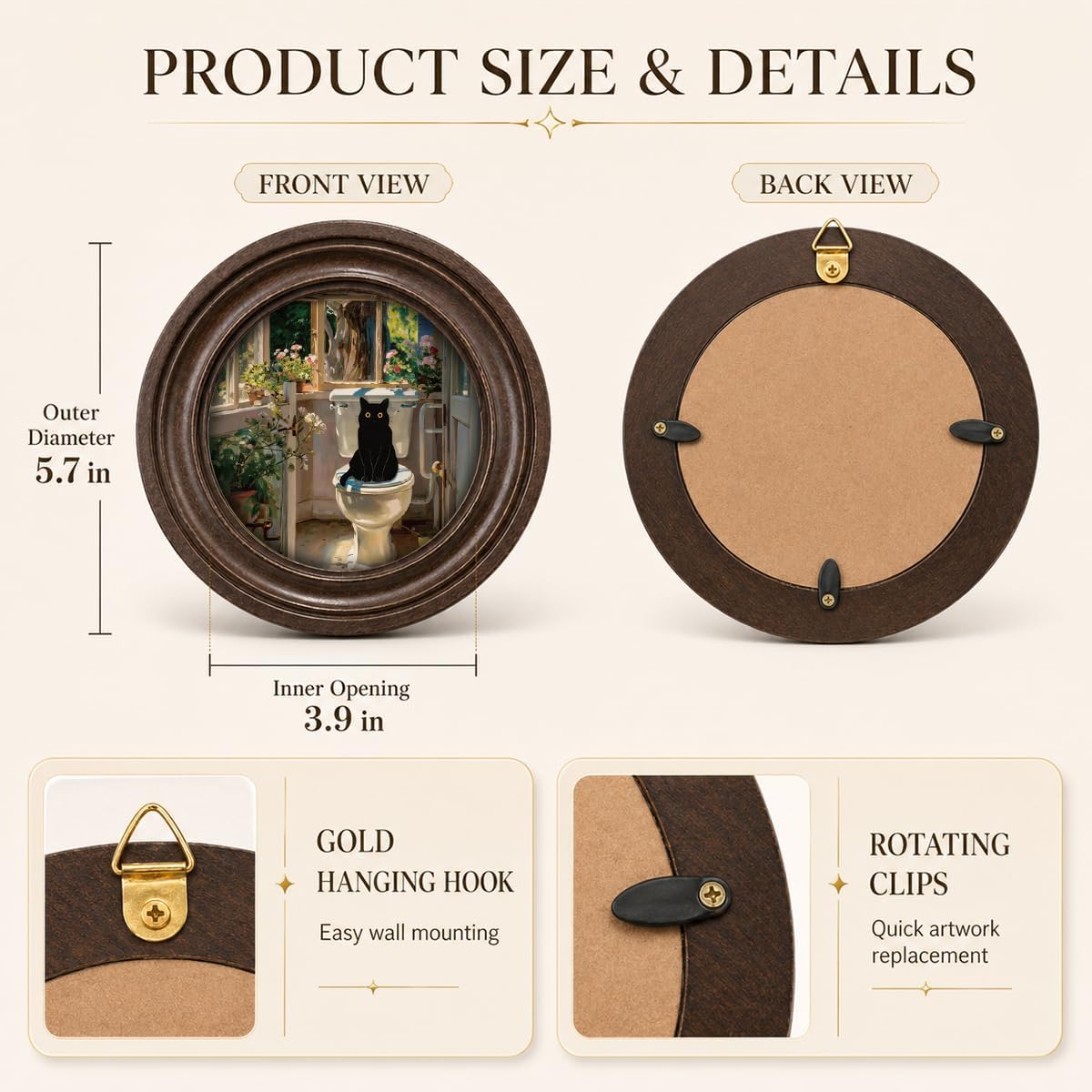 MOCHPEN Black Cat on Toilet Round Wall Art, Funny Vintage Bathroom Decor image 2