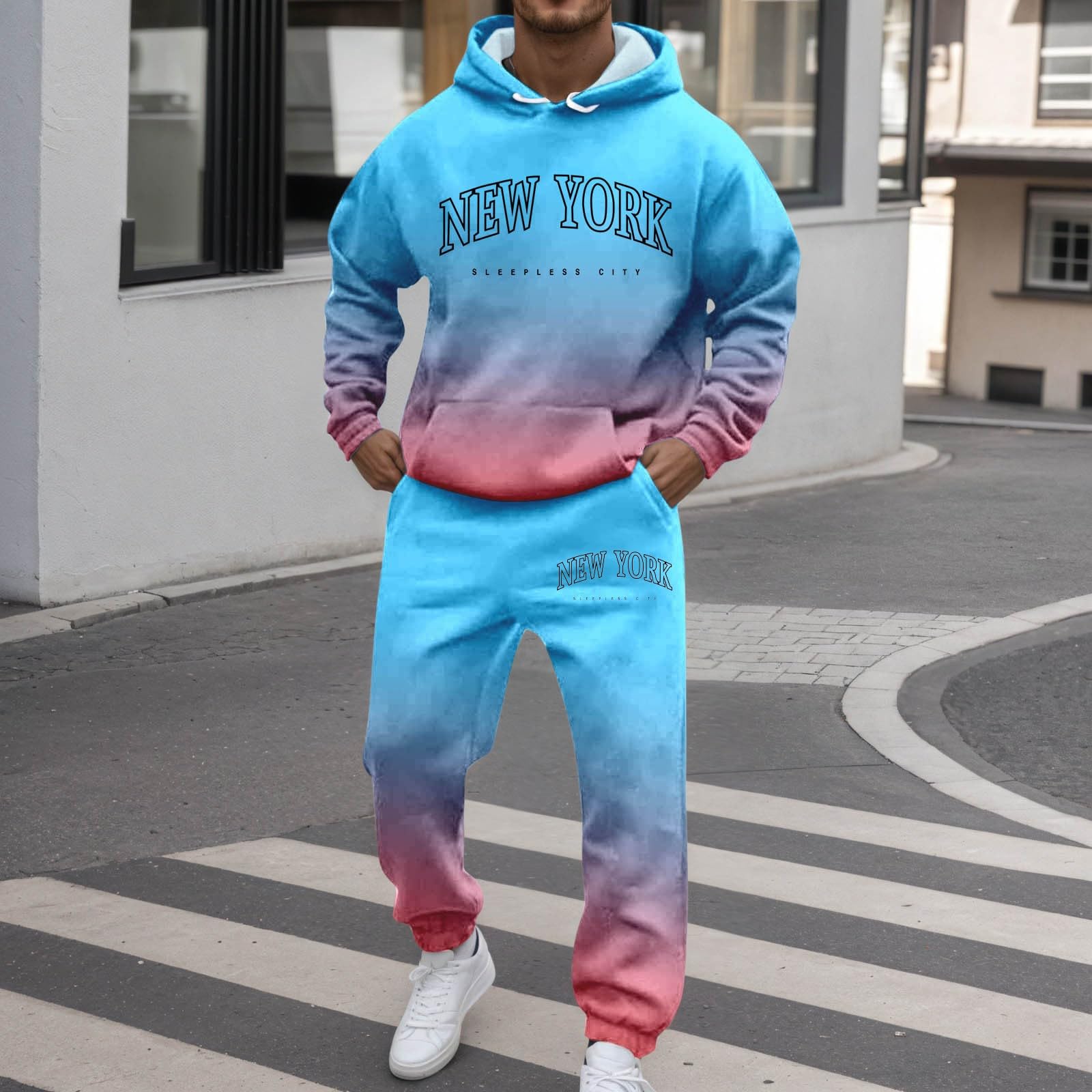 Generisch Męski dres do biegania, zestaw New York z logo, gradientowy dres treningowy bluza z kapturem i spodnie do biegania, dwuczęściowy strój sportowy z kieszeniami, wygodny zestaw do joggingu