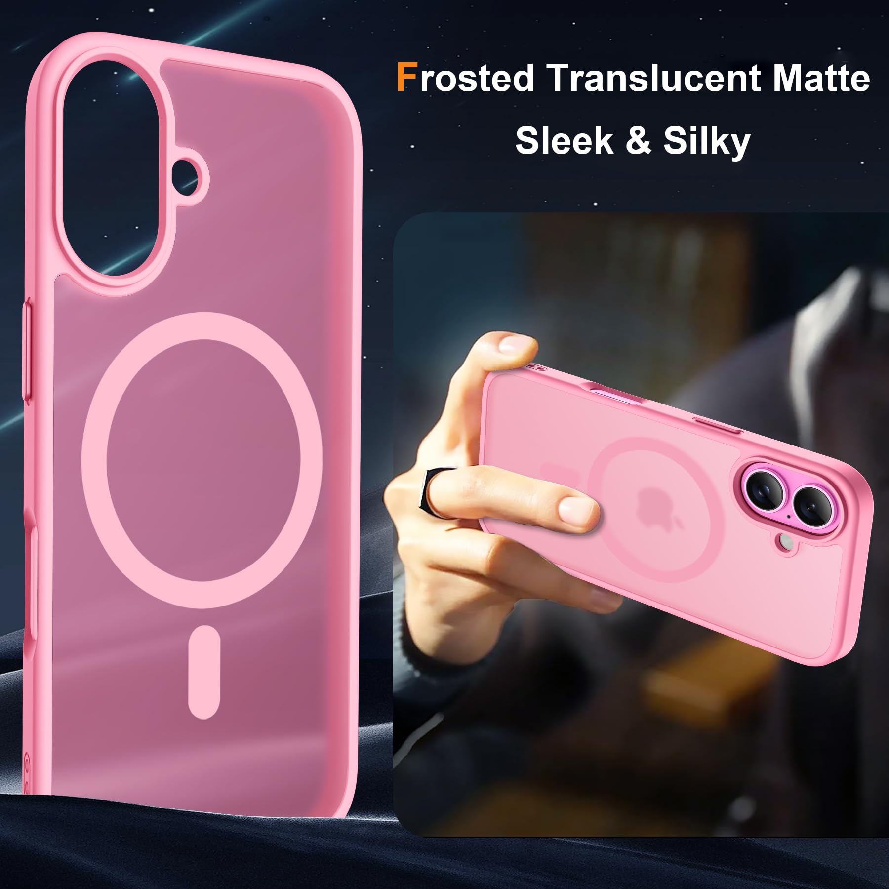 ORETECH Magnetica Cover per iPhone 16 Plus 6,7" con 2 Vetro Temperato e 1 Vetro Fotocamera, Compatibile con MagSafe, Traslucida Opaca Antiurto Ultra Sottile Hard PC Cover-Rosa Chiaro