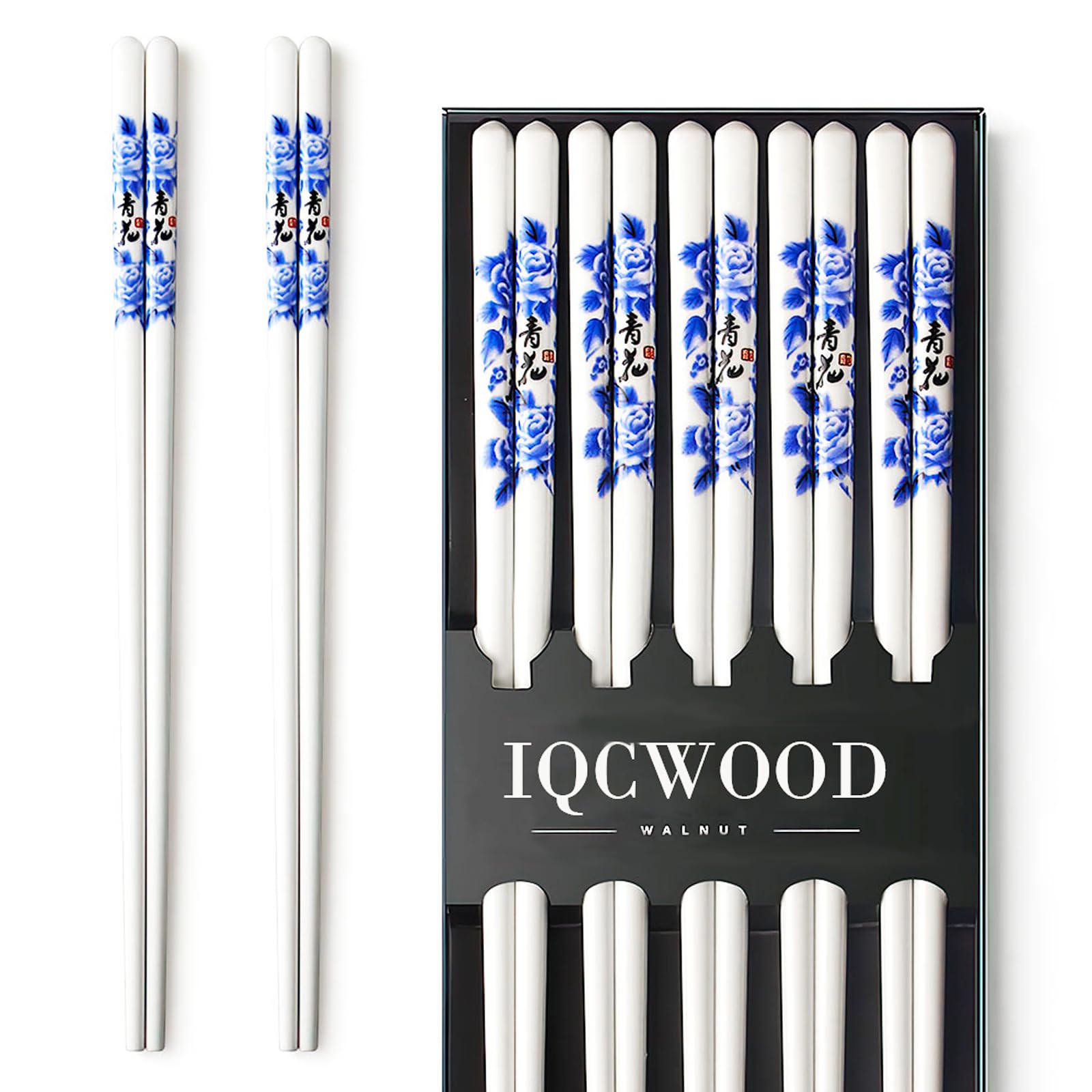 IQCWOOD Porcelain Chopsticks, 9.5 Inch Ceramic Reusable Chopstick, 5 Pairs Chinese Chopsticks Gift Sets with Case, Dishwasher Safe