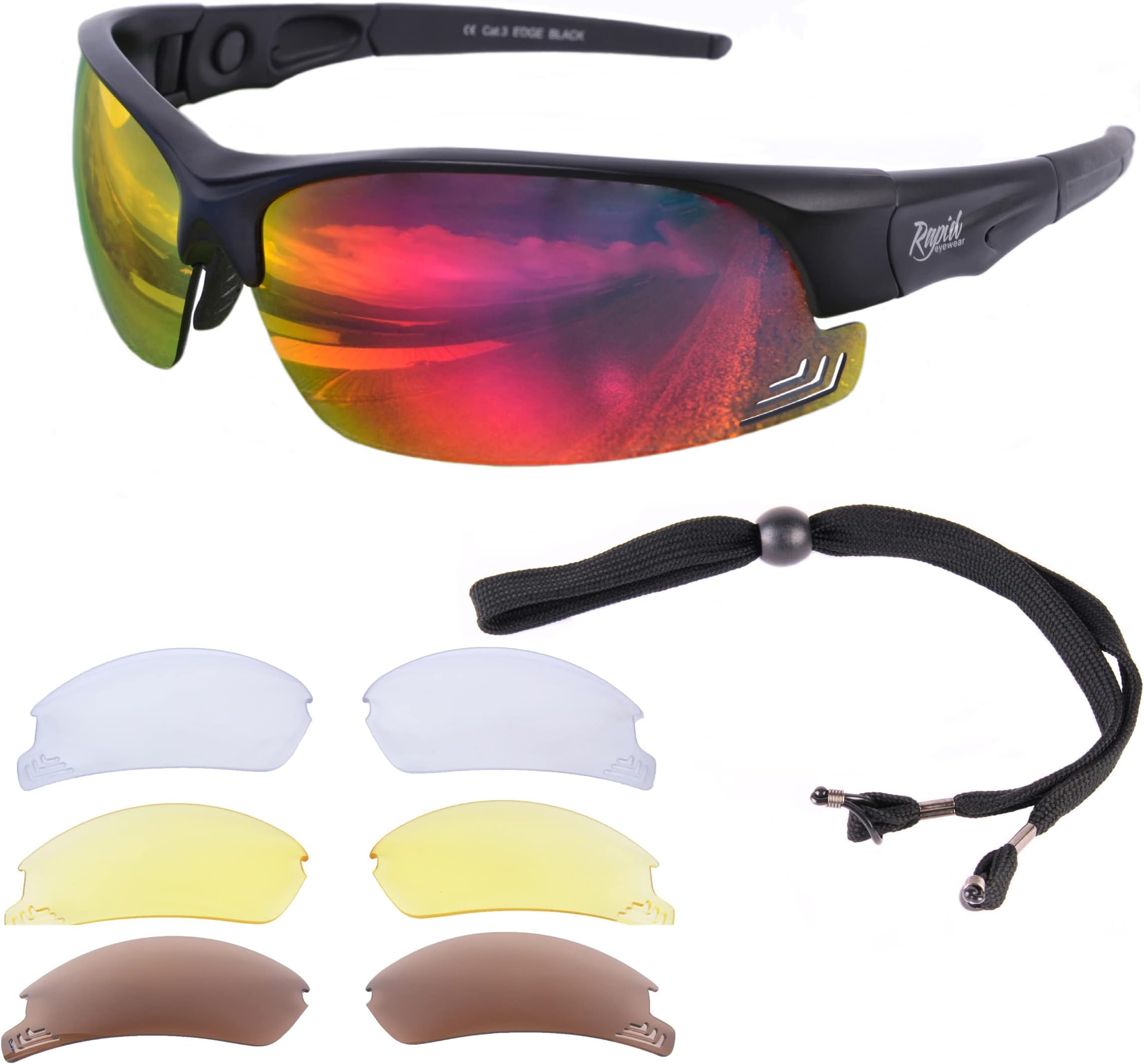 Edge Black UV400 CYCLING & RUNNING SUNGLASSES With Interchangeable Polarised, Clear & Low Light Lenses. Anti Fog Blue Light Blocking Sports Glasses for Men & Women