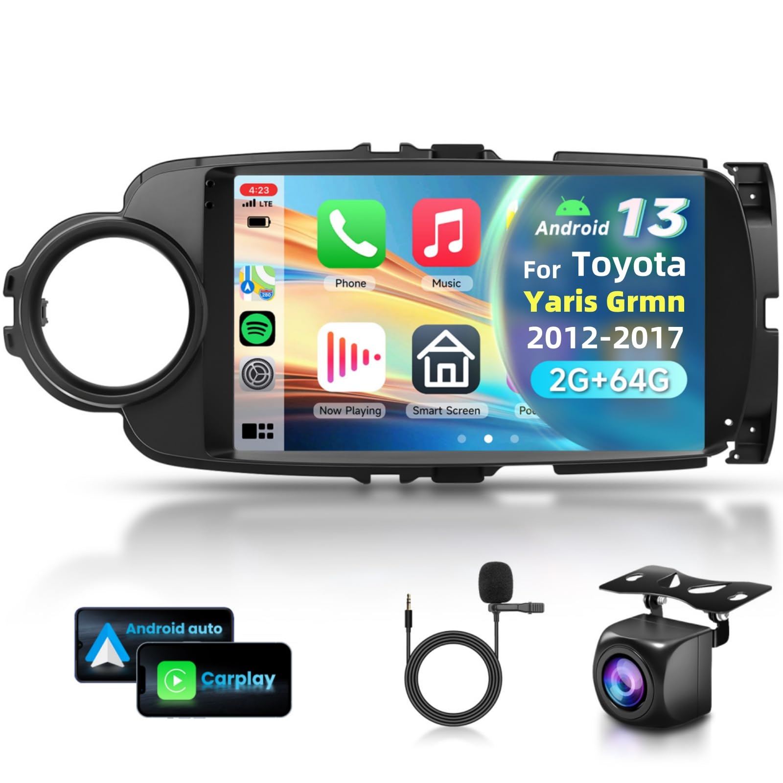 2G&64G 9" Autoradio per Fiat Toyota Yaris Grmn 2012-2017 con Carplay Android Auto,touchscreen Bluetooth RDS/FM Radio,Mirror link,Wi-Fi GPS Navigazione/Telecamera posteriore AHD/CANBUS