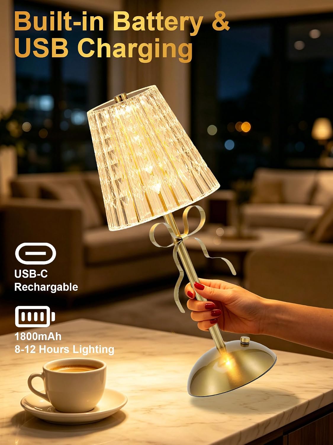 Cordless Table Lamp, Vintage Gold Crystal Lamp, LED Rechargeable image 2