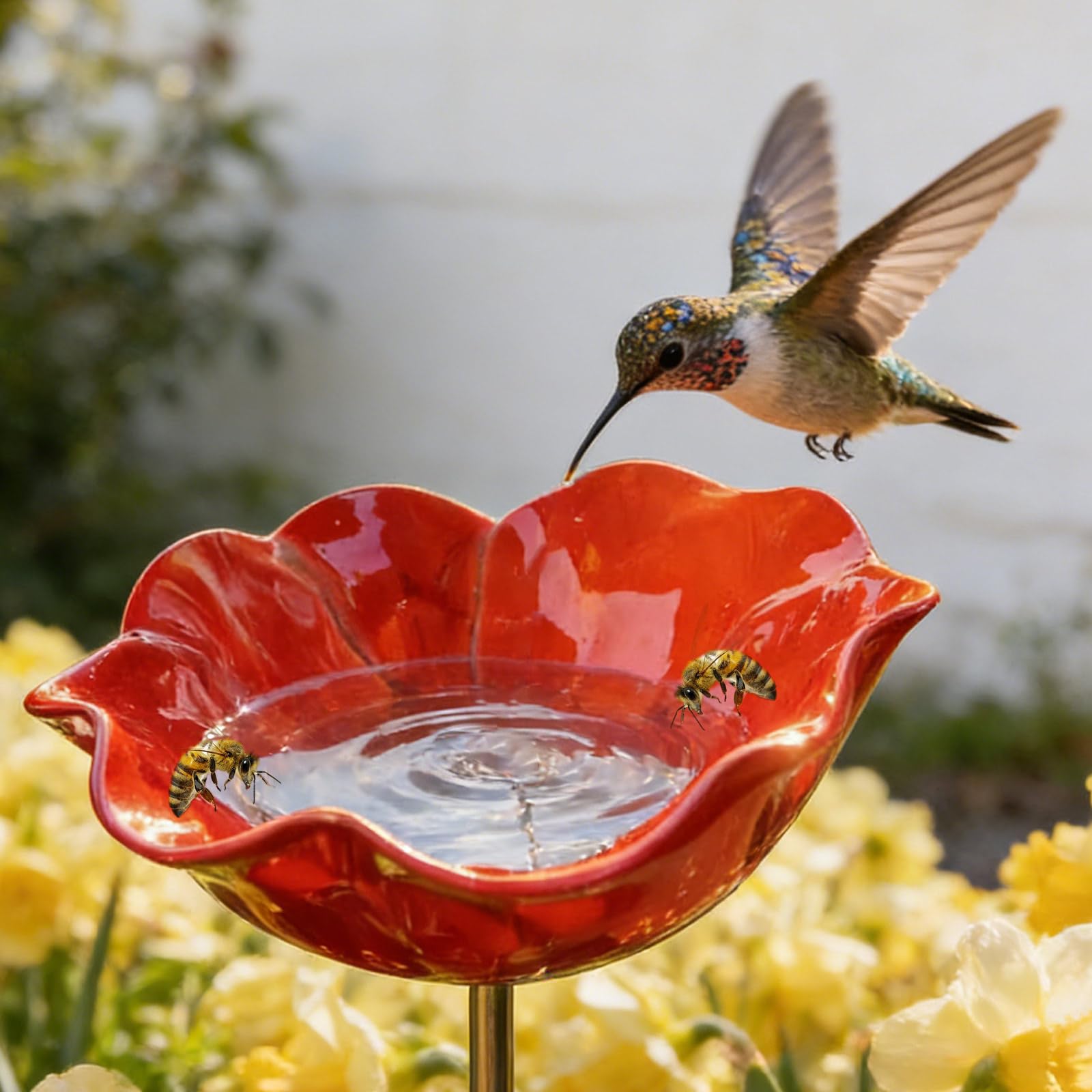 Sturdy Metal Flower Garden Stake, Dual-Function Bird Bath & Water Station, Secure Ground Anchor Design, Handmade Red Birdbath Bowl for Outdoor Yard Lawn Patio Decor (1, 60cm/24inch)