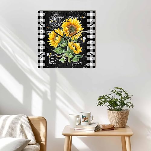 Miniatura 2 de Reloj de pared de madera con diseño de girasoles y abeja, silencioso, sin tictac, flores rústicas a cuadros en blanco y negro, funciona con pilas,
