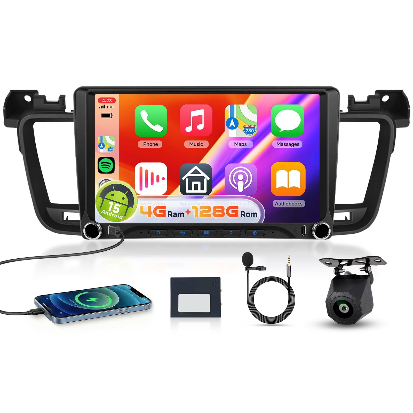 【4+128G】 Carplay Ecran pour Peugeot 508 2011-2018 avec USB Type-C, Autoradio 9 Pouce in-Cell Écran Tactile avec Android Auto/EQ/WiFi/GPS/RDS/FM/Bluetooth 5.0/SWC,Caméra de Recul