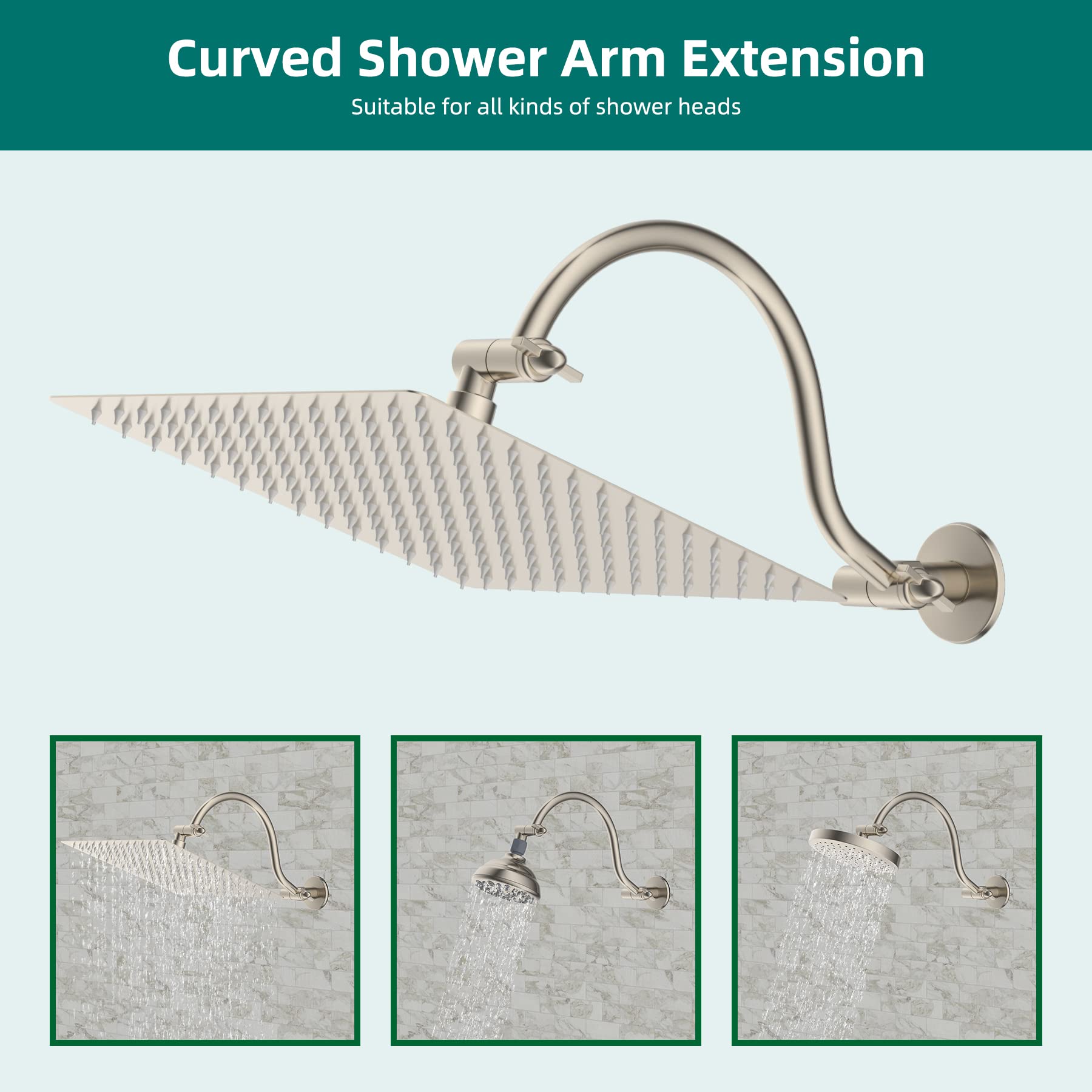 All Metal 12 Inch Solid Brass Adjustable Curved Shower Head Extension Arm Flexible Height & Angle Shower Arm with Lock Joints, Universal Connection Stainless Steel Pipe Height Extending,Brushed Nickel