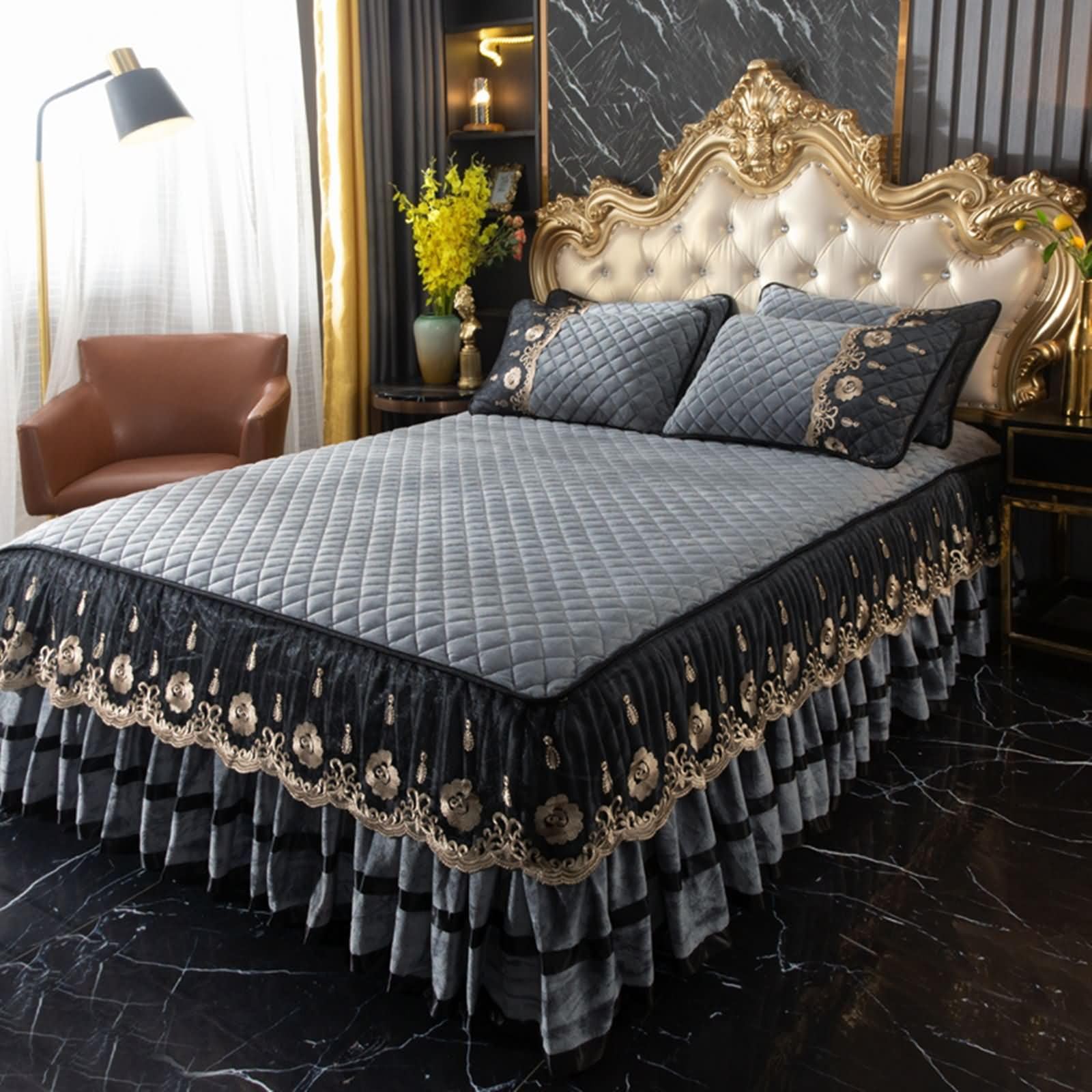 Drap-housse 180x200 cm gris avec dentelle brodée pour couvre-lit et sommier