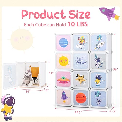 Miniatura 3 de INFANS Armario para niños, armario portátil para bebé, lindo para dormitorio de niños, armario de guardería con puertas, 12 cubos, 2 secciones para