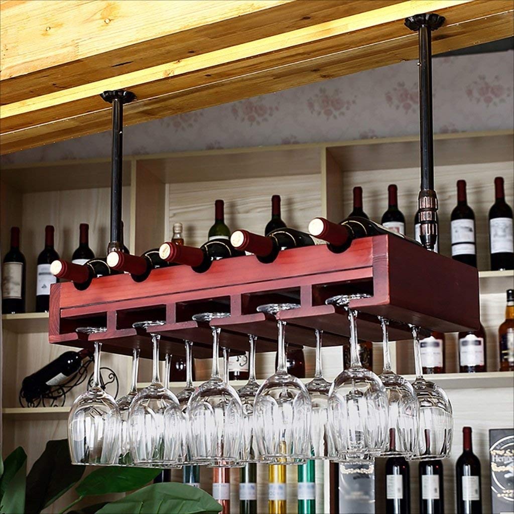 Botelleros de madera maciza y hierro para copas de vino de bar retro