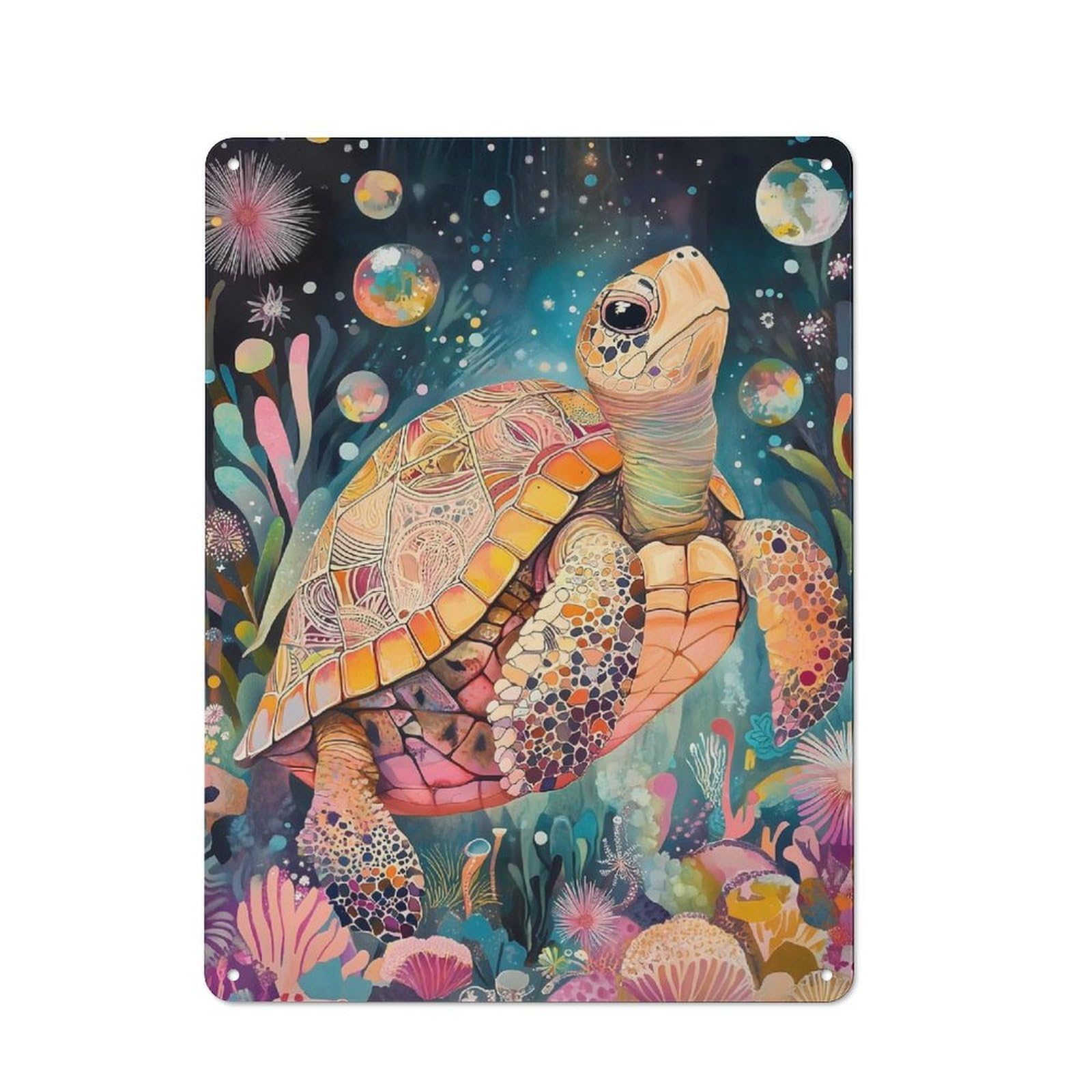 Colorful Sea Turtle in Ocean Art Industrial-style Tin Sign 40x30cm for Café Or Home Bar, for Cooler-month Interiors with Industrial Character