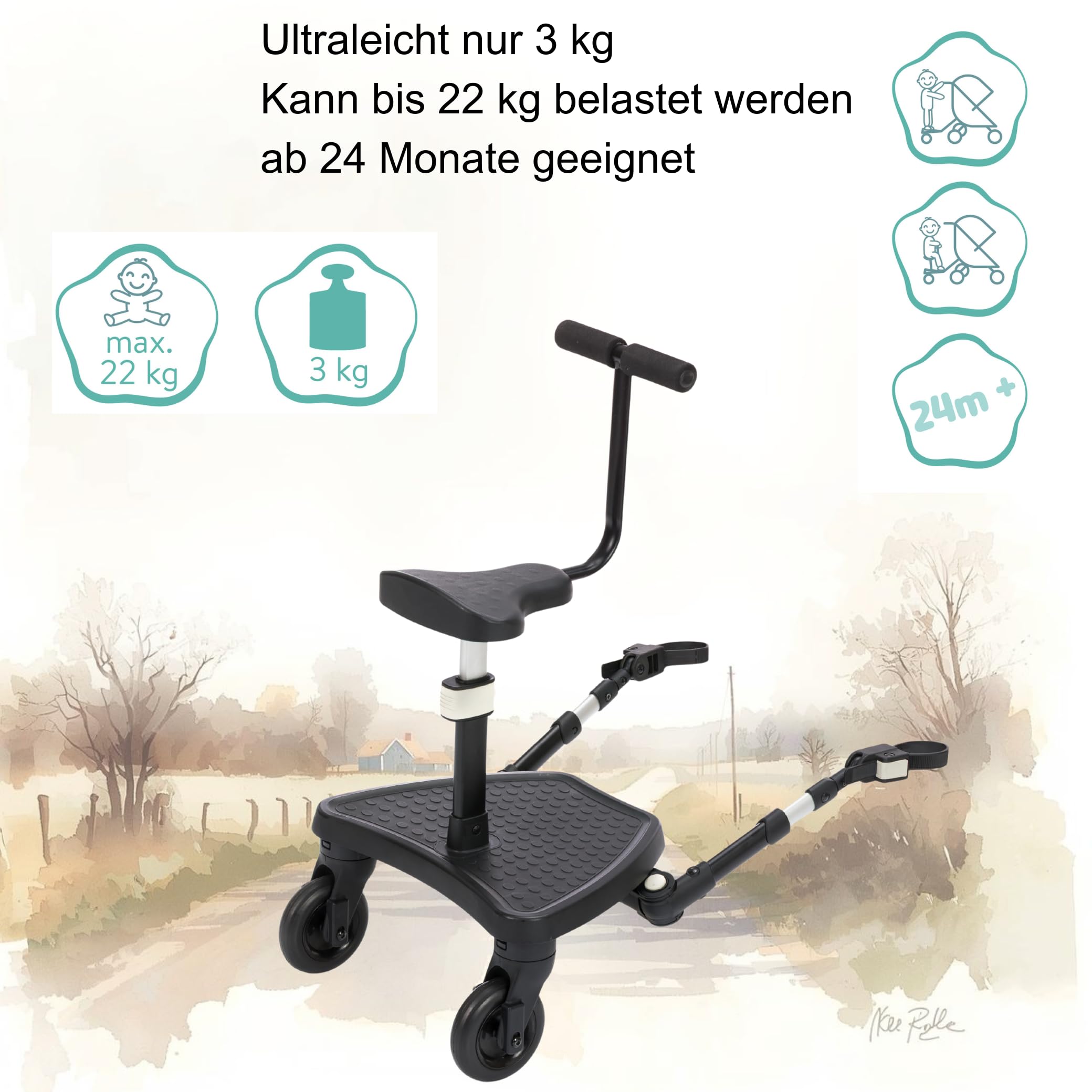 Fillikid FlexiRide Exklusiv Mitfahrbrett mit Sitz | Universal Kinderwagen Board mit Abnehmbarem Sitz | Rutschfestes Buggy Board mit Federung | Verstellbar & Klappbar | bis 22kg