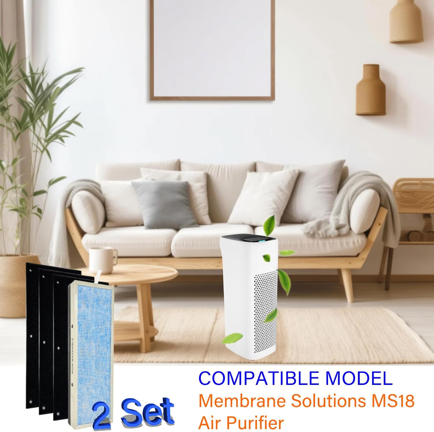 MS18 Replacement Filter for Membrane Solutions MS18 Air Purifier, 4-Stage Filtration, 2 Pack H13 True HEPA with Activated Carbon and 6 Pack Carbon Pre-Filter - Image 2