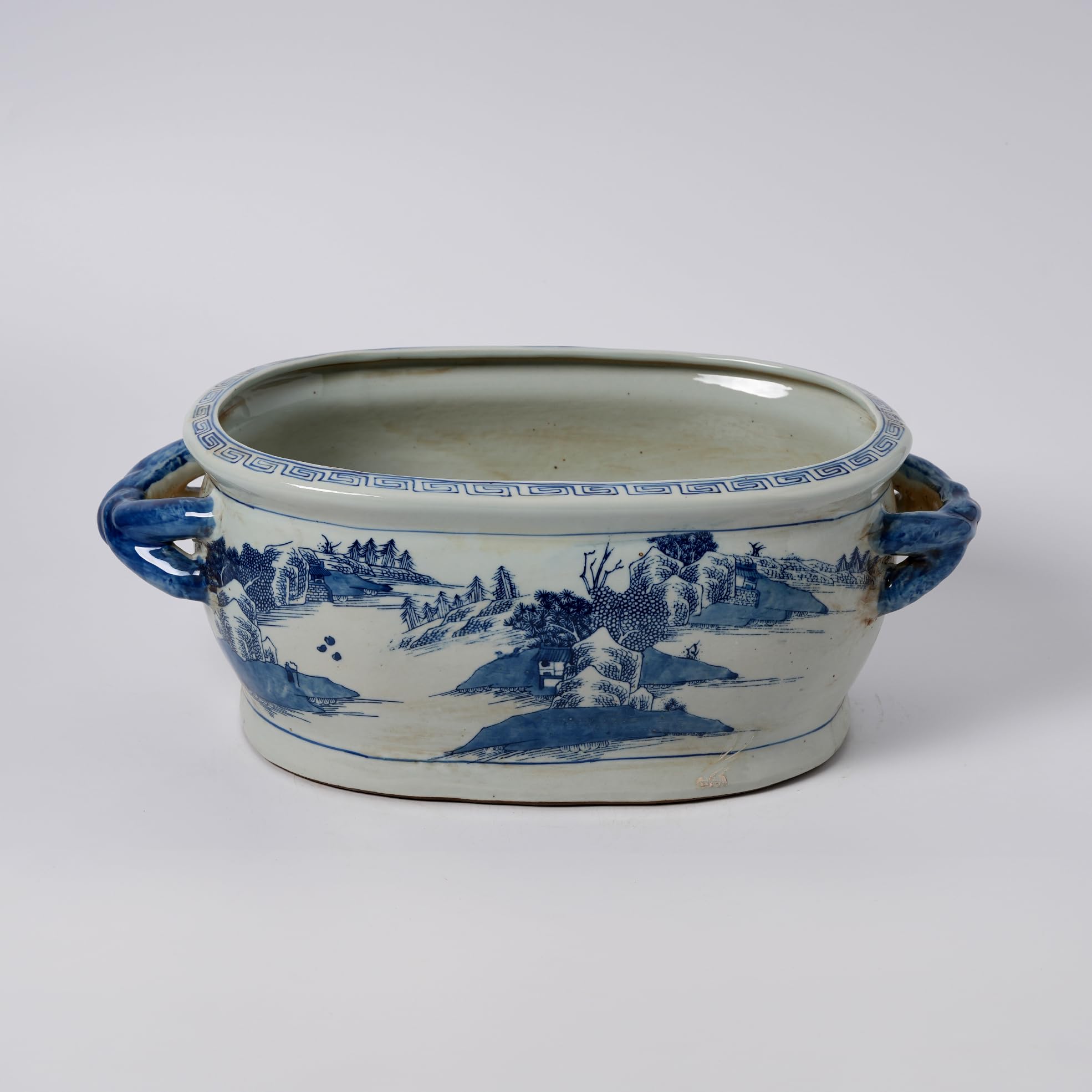 Vintage Blue Flower Planter - Chinoiserie Ceramic Footbath -8