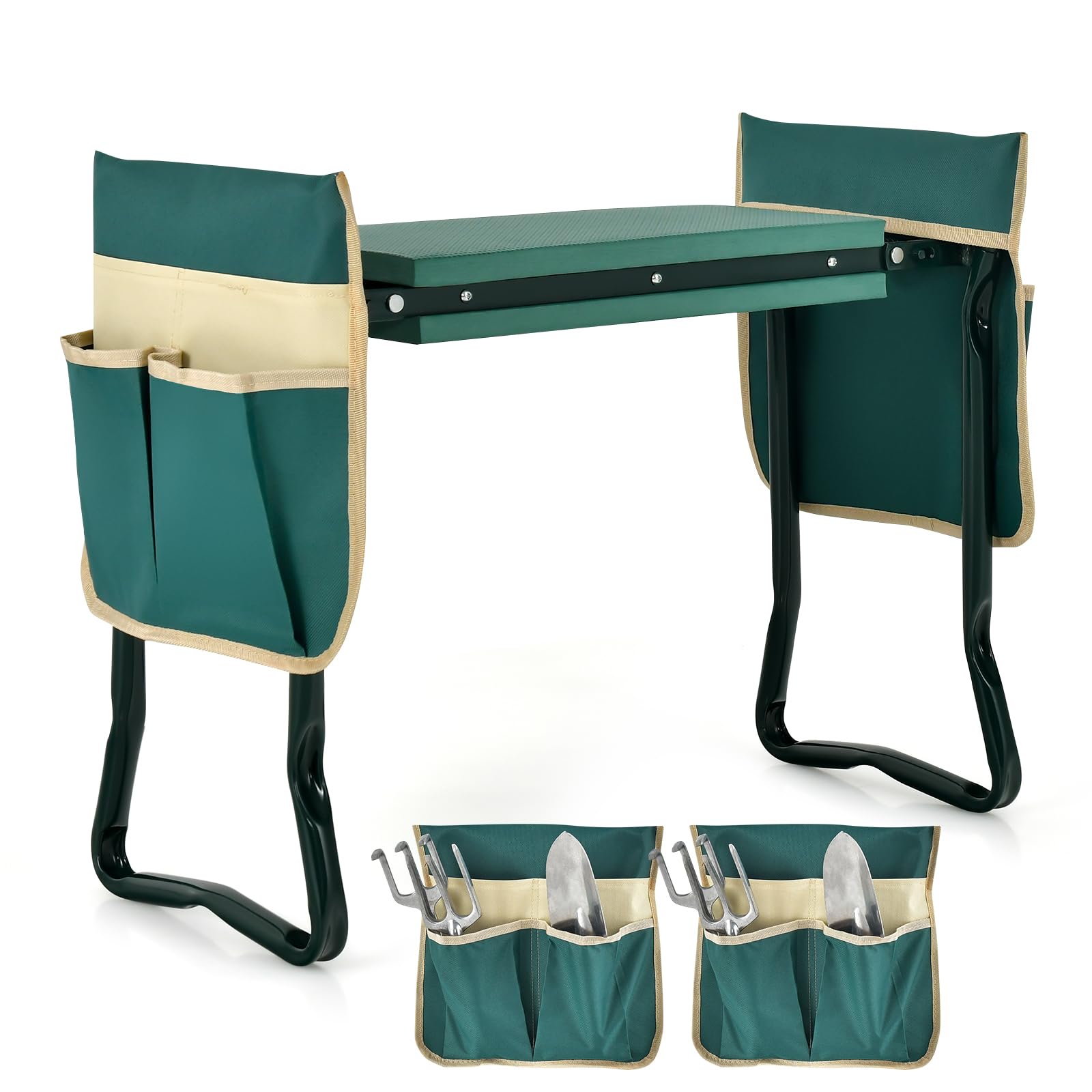 KOMFOTTEU 2 en 1 Banco de Rodilla Plegable, Taburete Arrodillado para Jardinería con Cojín Grueso, Taburete de Trabajo para Arrodillarse y Sentarse, Carga 150 kg (con 2 Bolsa de Herramientas)